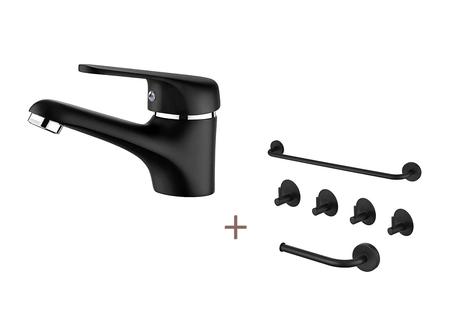 Nero Miscelatore Lavabo con Bubbler rimovibile, in Ottone, Acqua Calda/Fredda + Set Bagno Accessorio 6 Pezzi, Autoadesivo/foratura, Inox