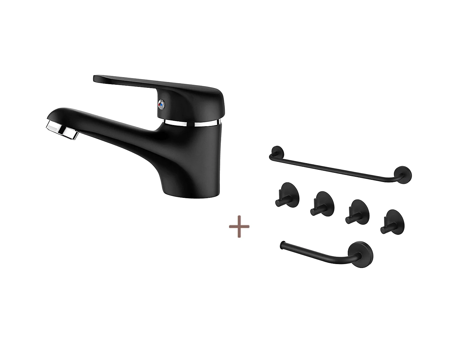 Noir Robinet Mitigeur Lavabo ave Bubbler amovible,en Laiton,Eau Chaude/Froide+Ensemble Salle Bain Accessoire 6 Pièces,Auto-adhésif/percer,Inox