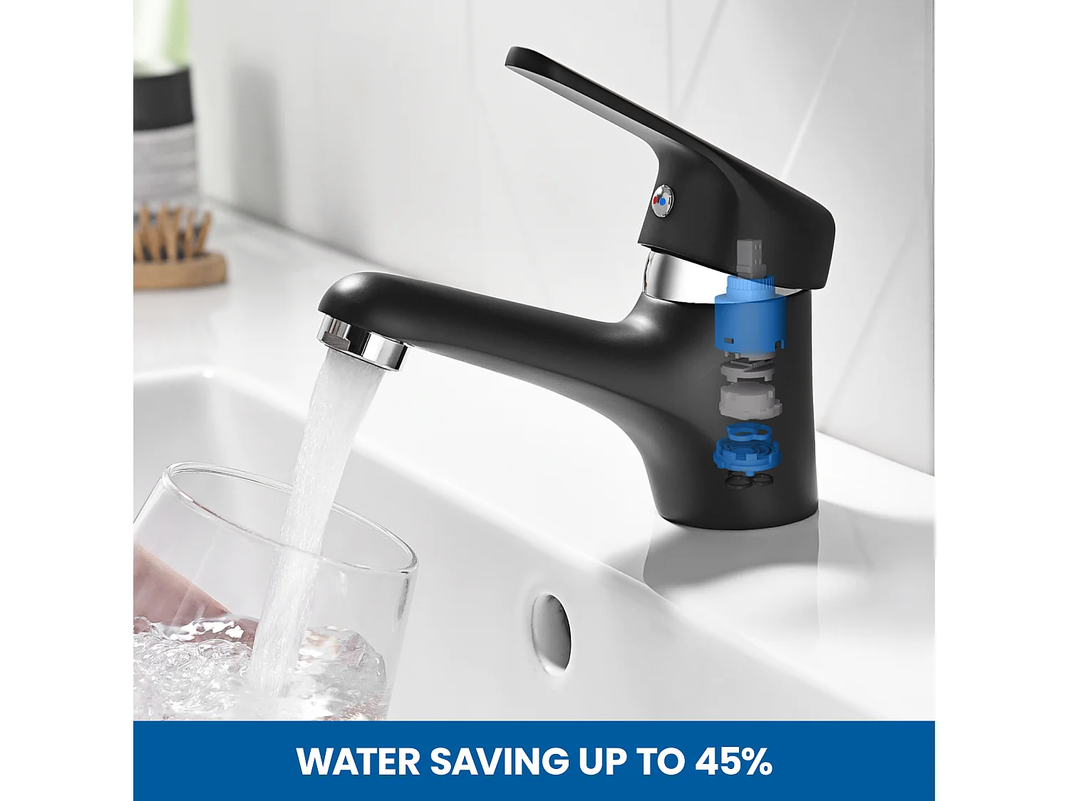 Noir Robinet Mitigeur Lavabo ave Bubbler amovible,en Laiton,Eau Chaude/Froide+Ensemble Salle Bain Accessoire 6 Pièces,Auto-adhésif/percer,Inox