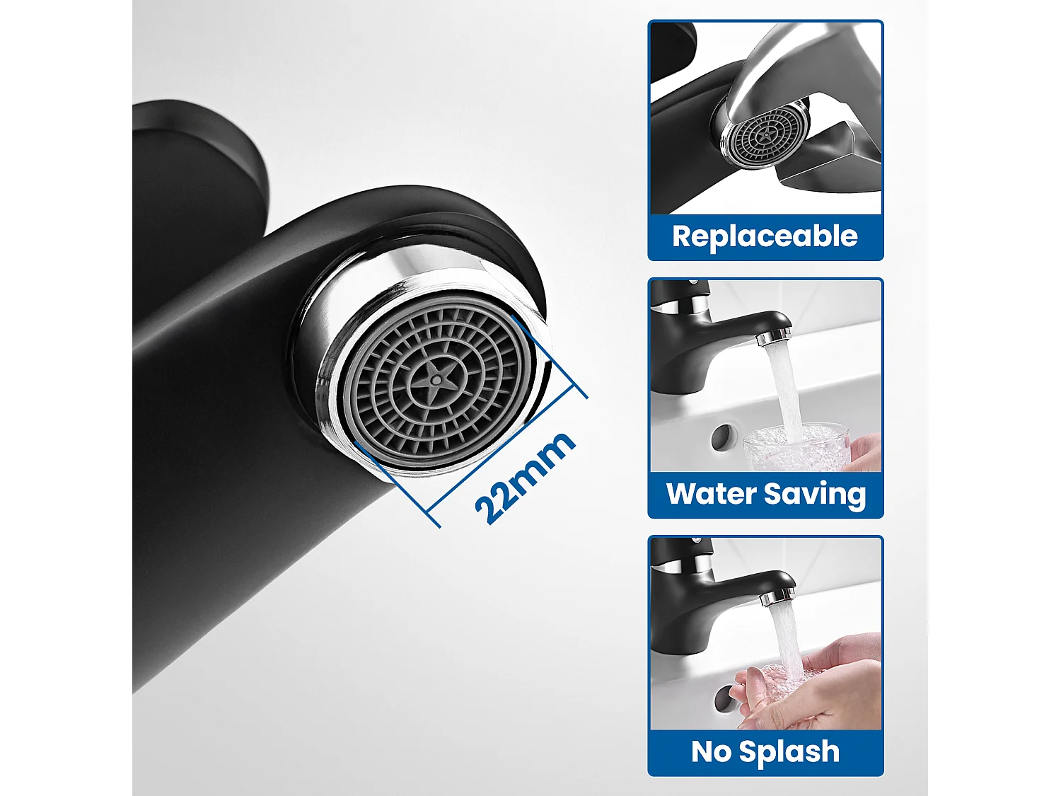 Noir Robinet Mitigeur Lavabo ave Bubbler amovible,en Laiton,Eau Chaude/Froide+Ensemble Salle Bain Accessoire 6 Pièces,Auto-adhésif/percer,Inox