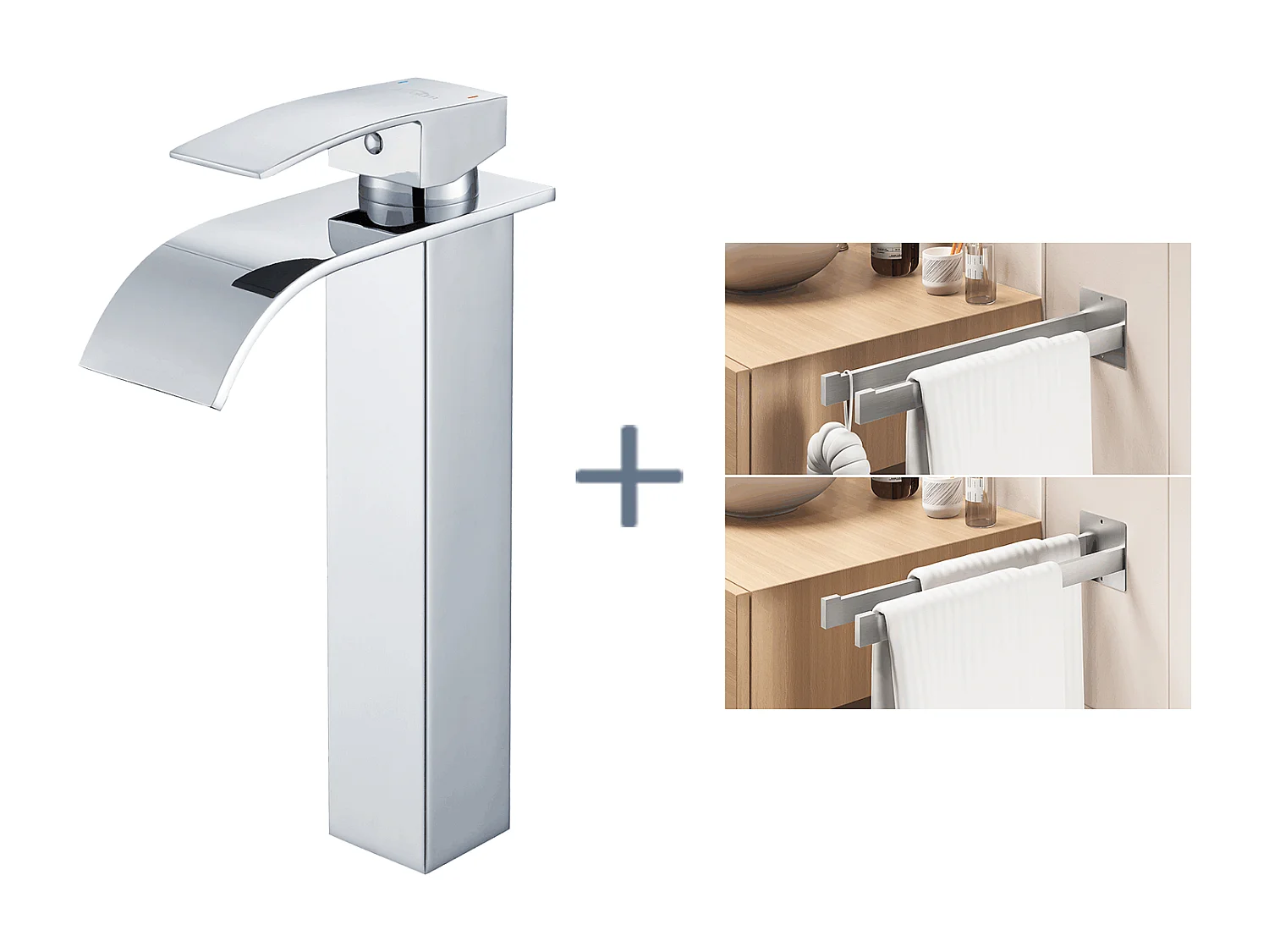 Auralum Max Robinet Cascade pour Vasque à Poser,Mitigeur Haut pour Lavabo,en Inox,Chromé+Porte Serviette Salle Bain Adhésif/Perçage,Brossé