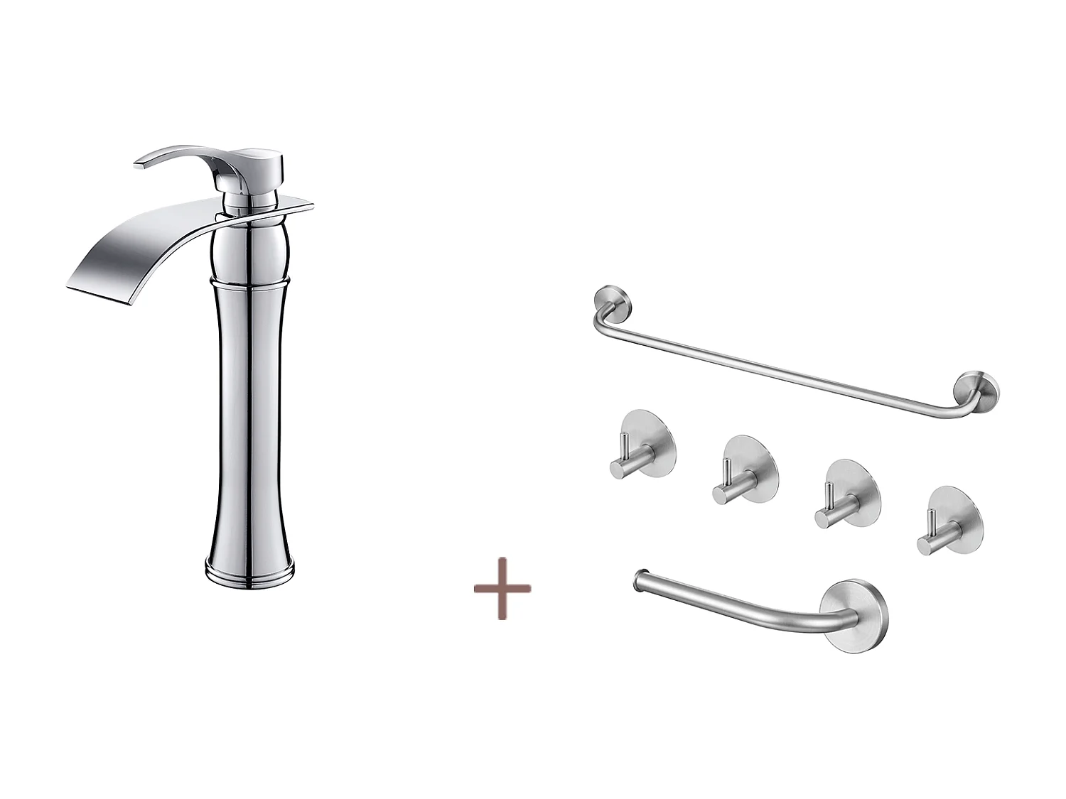 Auralum max Wasserfall-Waschtischarmatur mit hohem Auslauf, Moocommand-Waschtisch/Van, Chrom + Badezimmer-Zubehör-Set 6-teilig, Edelstahl, gebürstet