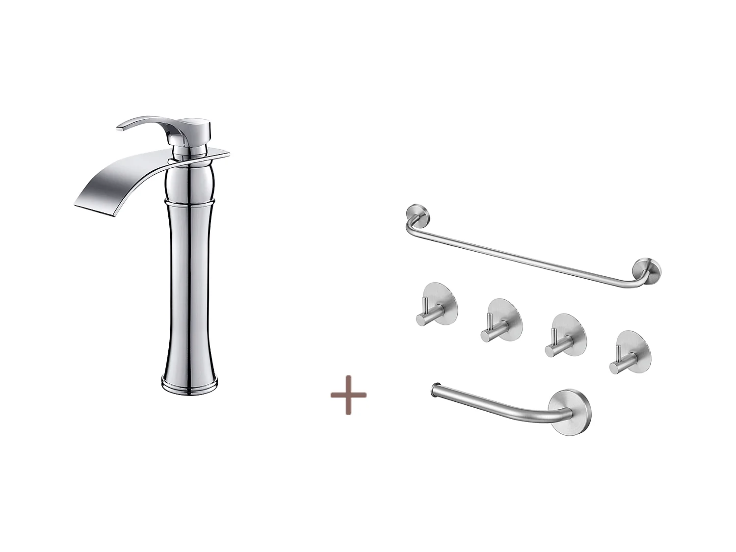Auralum max Mitigeur Lavabo Cascade Robinet Lavabo/Vasque Haute Bec Moocommand,Chromé+Ensemble Salle Bain Accessoire 6 Pièces,Inox,Brossé