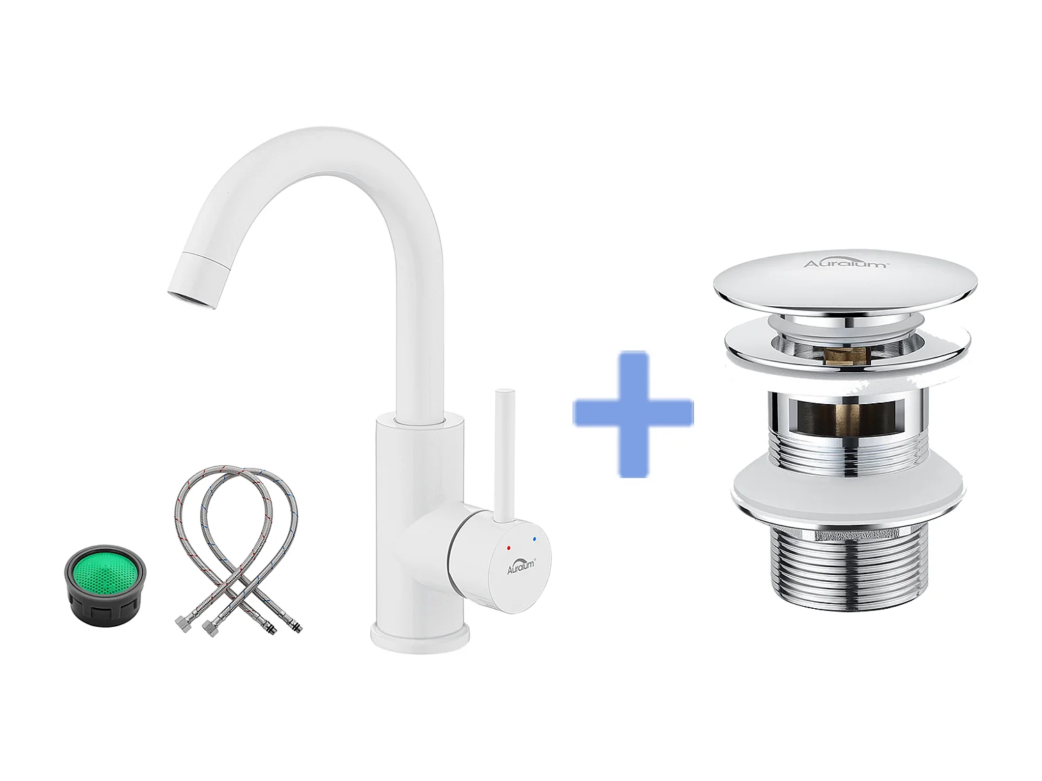 AURALUMMAX Wastafelkraan Wit 360° Rotatie, Afneembaar Romper, Koud/warm Water+ Wastafelkraan Pop-upMet Universele Automatische Overloop