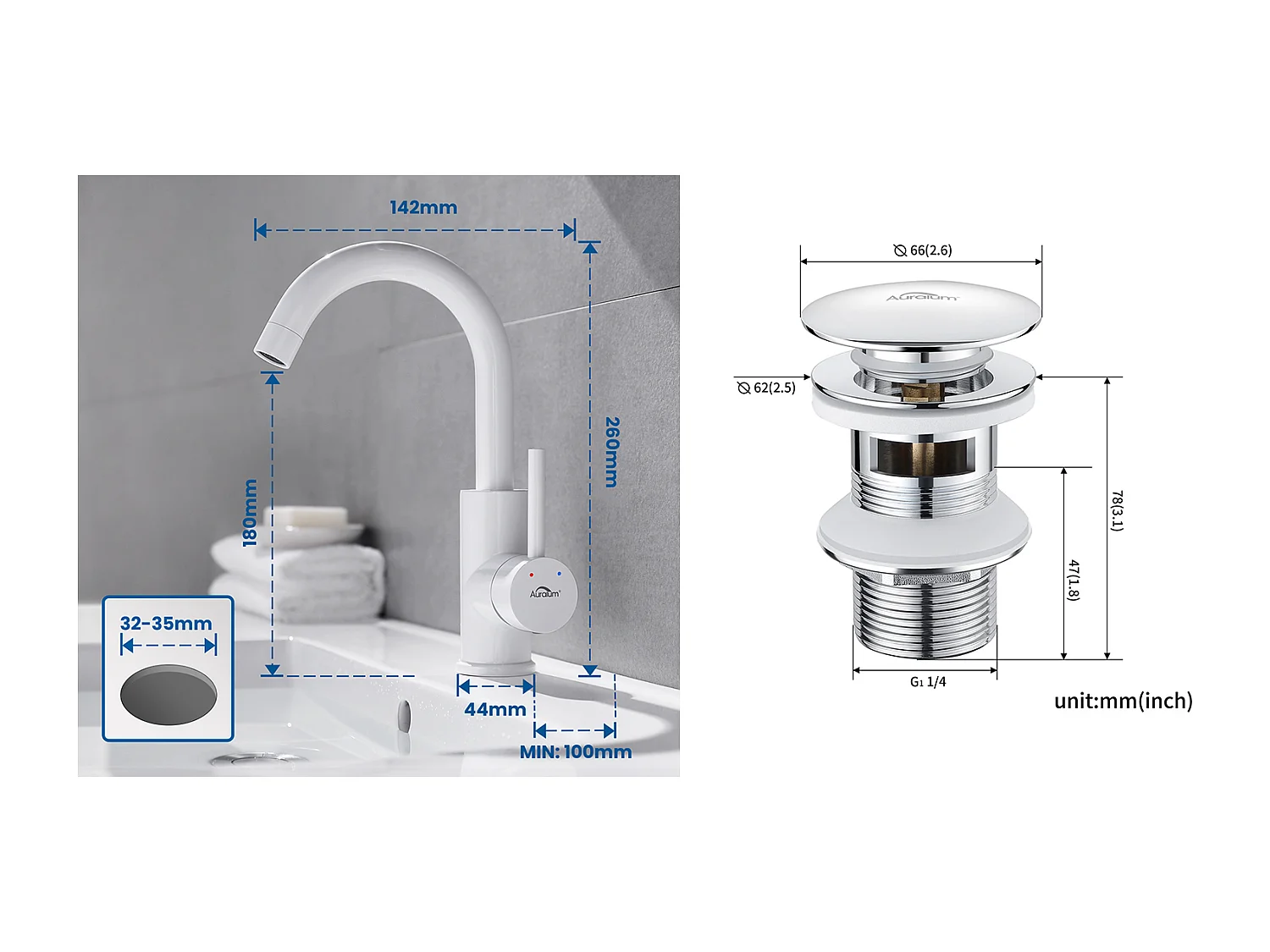 AURALUMMAX Robinet Lavabo Blanc Rotation 360°,Barboteur démontable,Eau froide/chaude+Bonde Lavabo Bonde Pop-up avec Trop-plein Automatique Universelle