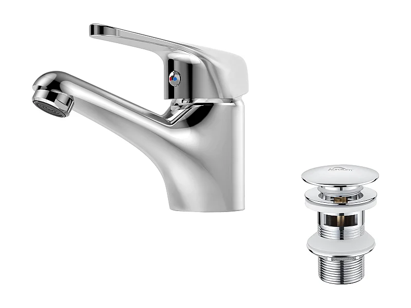 Auralum MAX Miscelatore per lavabo senza tirante di scarico, rubinetto bagno cromato+Bonde Lavabo Bonde Pop-up con troppopieno automatico universale