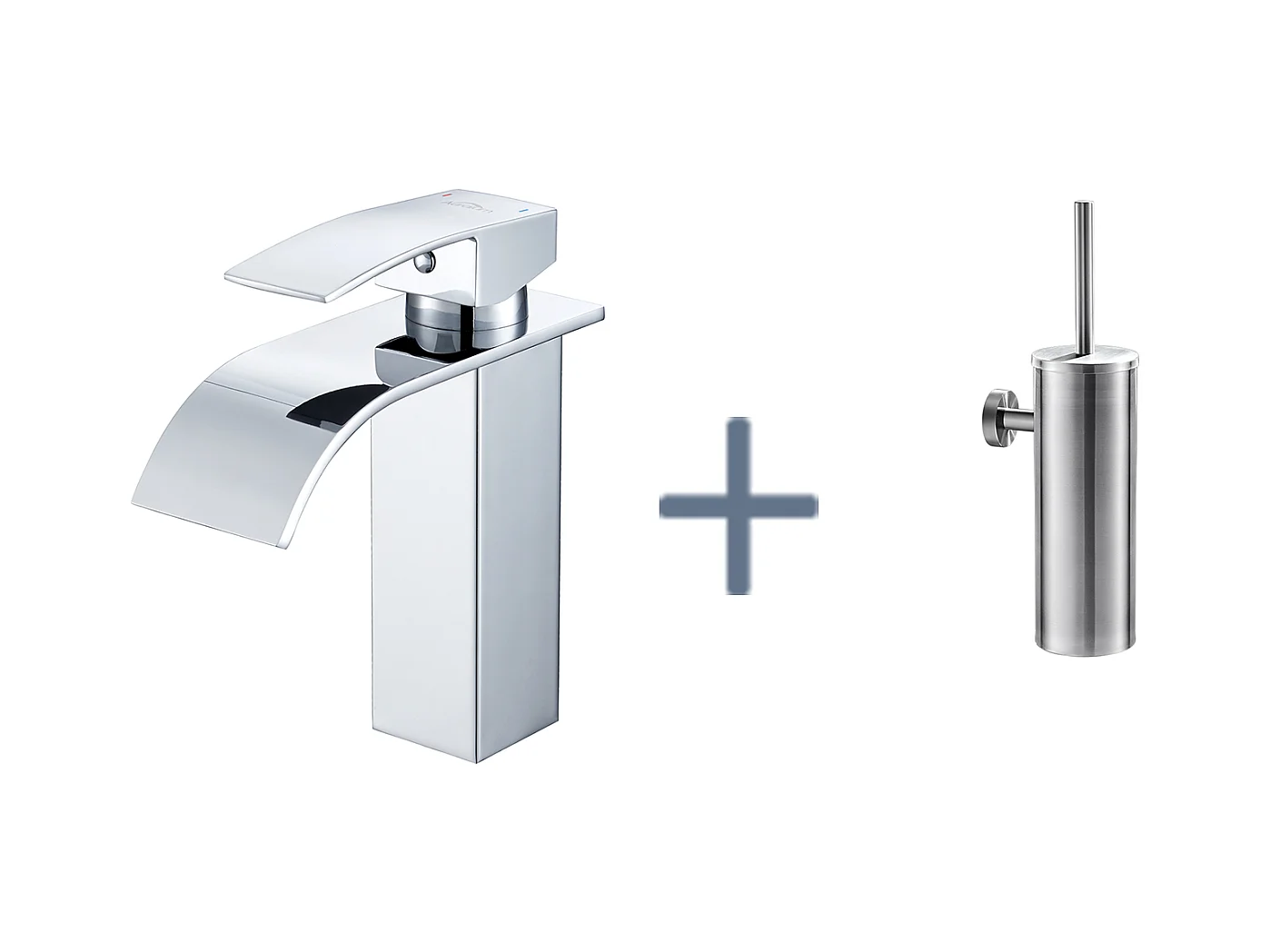 Auralum Max Robinet Lavabo Cascade Chromé,avec l'Eau Froide/Chaude,Mitigeur Lavabo Inox 304+Porte Brosse Toilette Acier Inoxydable Brosse WC Mural