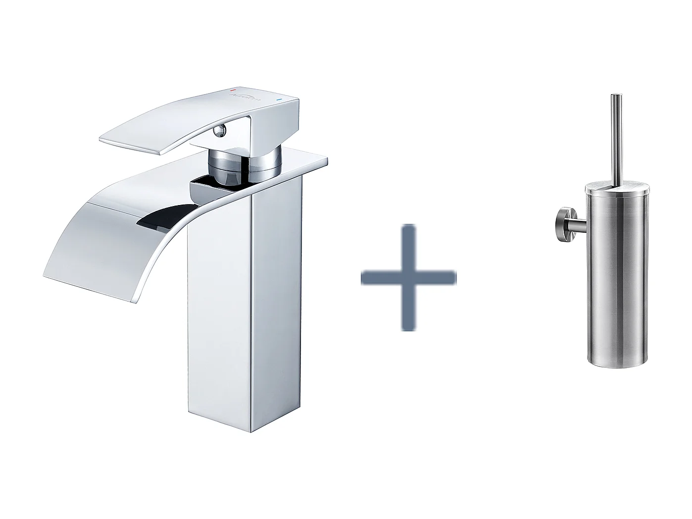 Auralum Max Grifo Lavabo Cascada Cromado,con Agua Fría/Caliente,Mezclador Lavabo Inox 304+Puerta Cepillo Inodoro Acero Inoxidable Cepillo WC Pared