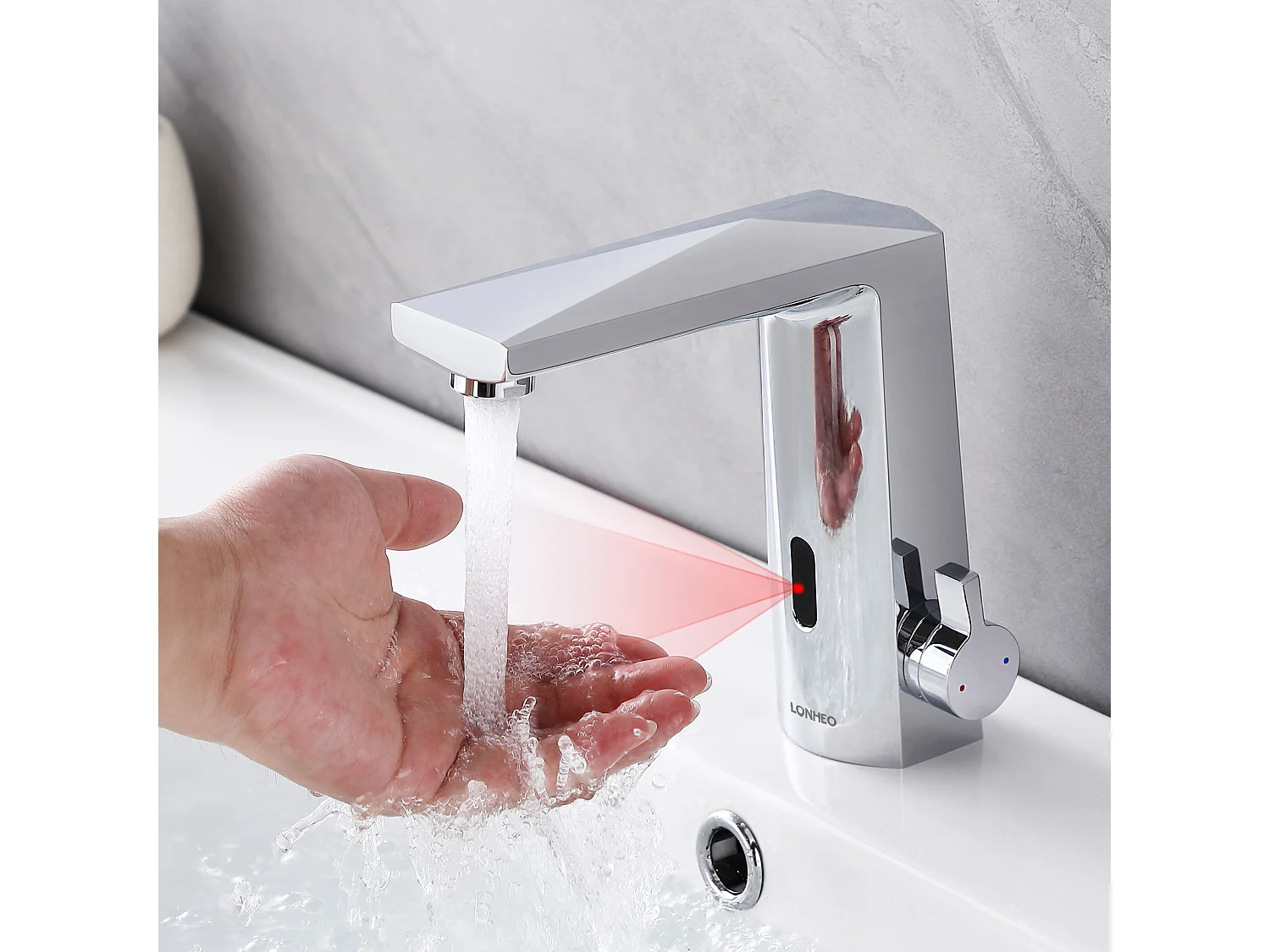Mitigeur Lavabo Capteur Infrarouge Intelligent Automatique,Eau Chaude/Froide,Chromé+BondeLavabo Bonde Pop-up avec Trop-plein Automatique Universelle