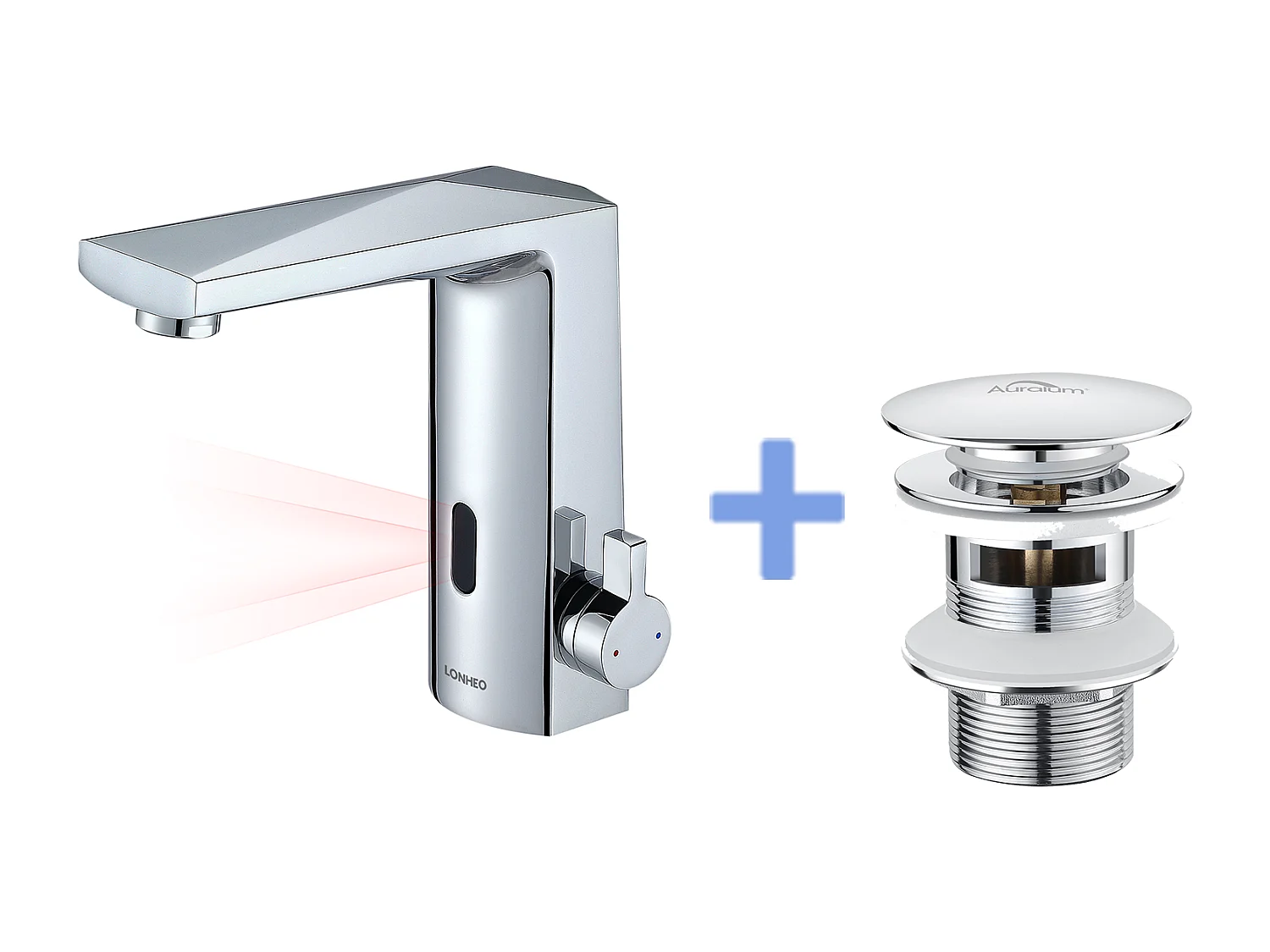 Mitigeur Lavabo Capteur Infrarouge Intelligent Automatique,Eau Chaude/Froide,Chromé+BondeLavabo Bonde Pop-up avec Trop-plein Automatique Universelle