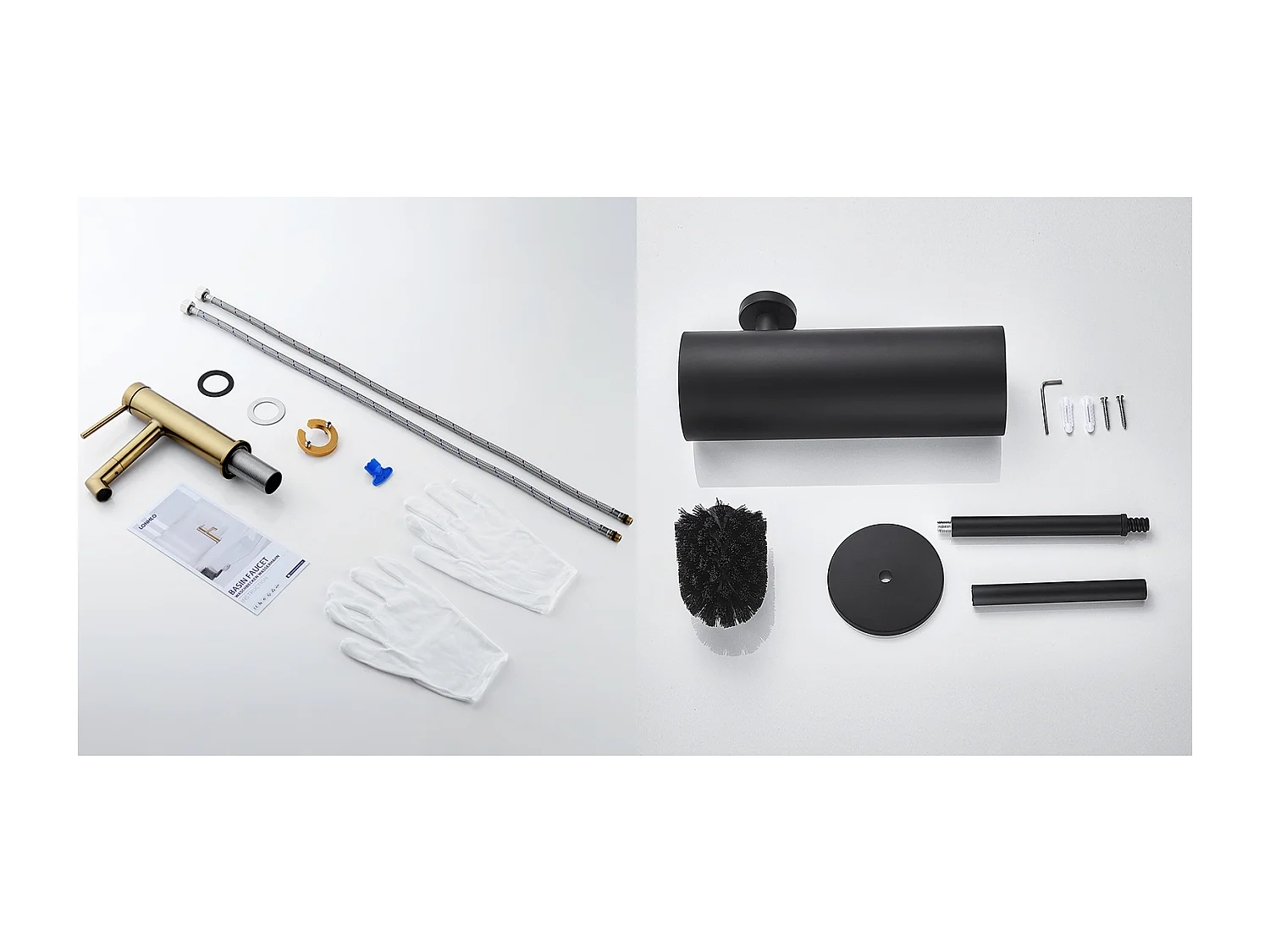 360° drehbarer goldener Waschtisch-Mischhahn, Warm-/Kaltwasser, abnehmbarer Sprudeler + wandmontierte Toilettenbürste mit Bürstenhalter, Edelstahl, Schwarz