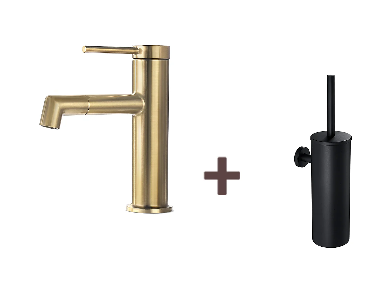 Mitigeur de Lavabo Doré Rotatif à 360°,Eau Chaude/Froide,Barboteur Démotable+Brosse Toilettes WC Suspendu avec Support de Brosse, Acier INOX,Noir