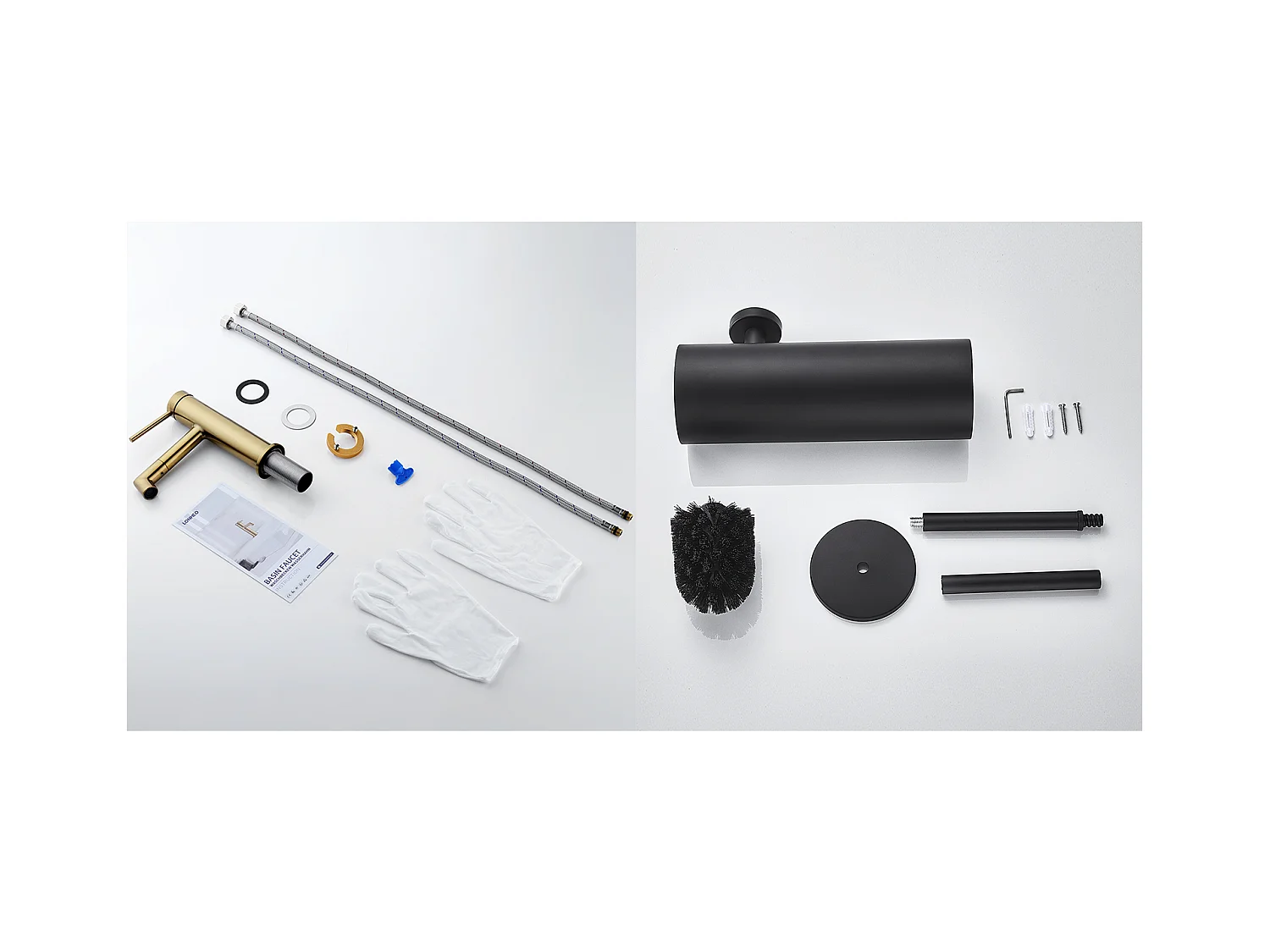 Mitigeur de Lavabo Doré Rotatif à 360°,Eau Chaude/Froide,Barboteur Démotable+Brosse Toilettes WC Suspendu avec Support de Brosse, Acier INOX,Noir