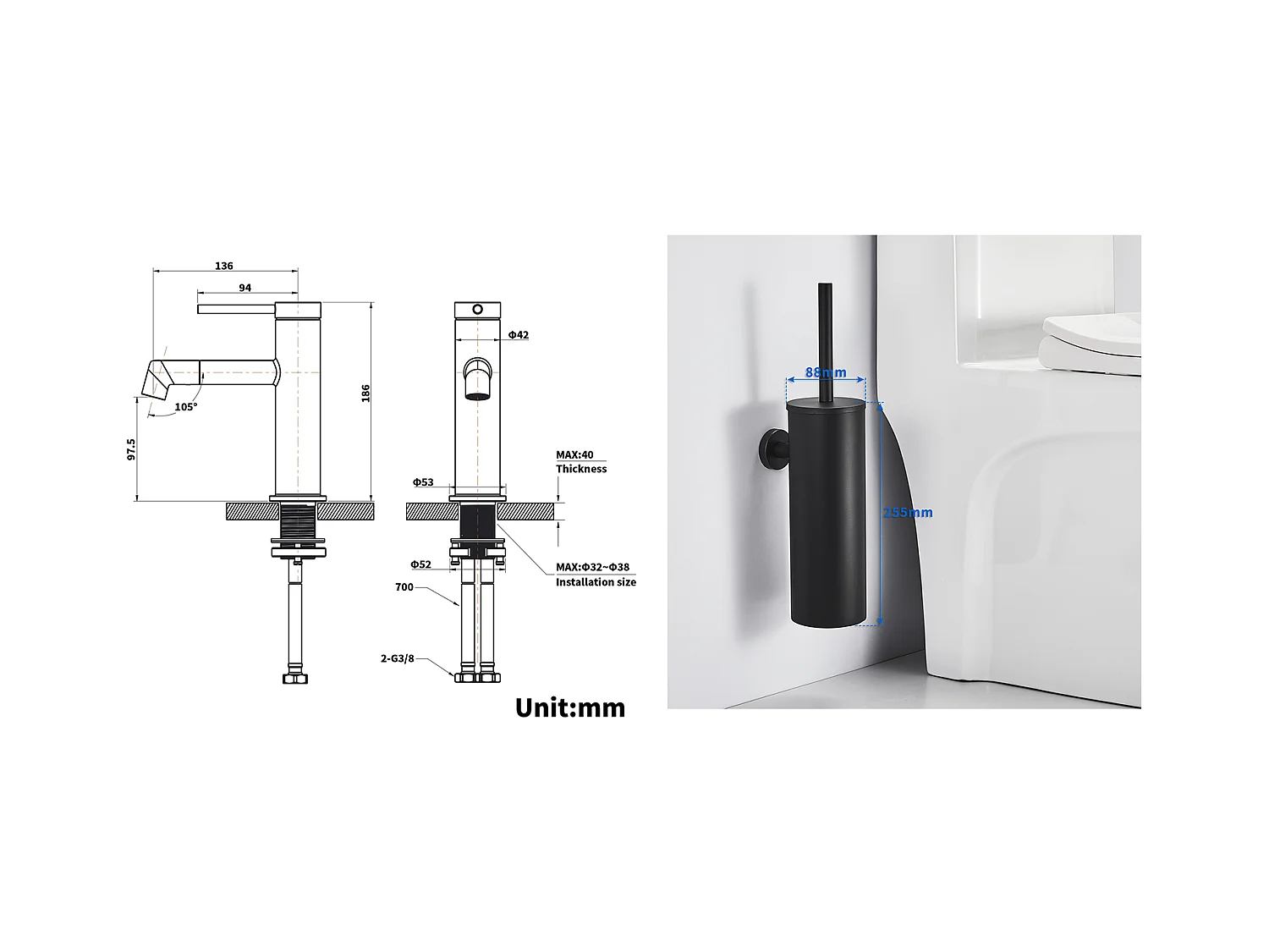 Mitigeur de Lavabo Doré Rotatif à 360°,Eau Chaude/Froide,Barboteur Démotable+Brosse Toilettes WC Suspendu avec Support de Brosse, Acier INOX,Noir