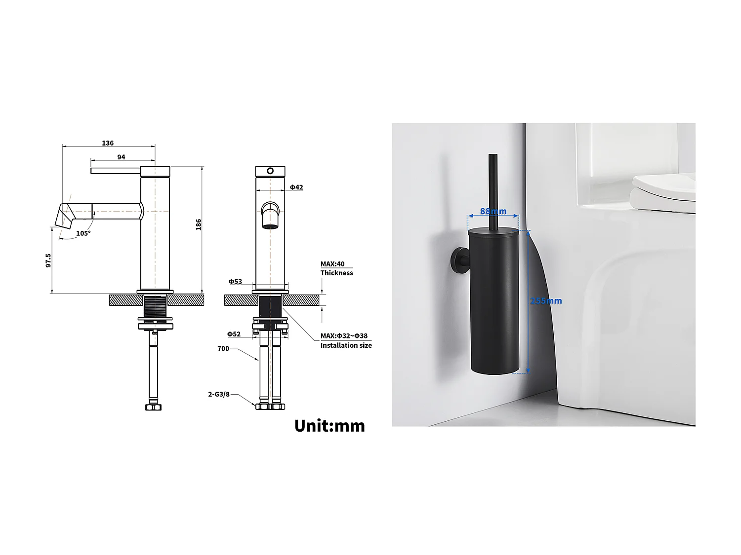 Mitigeur de Lavabo Doré Rotatif à 360°,Eau Chaude/Froide,Barboteur Démotable+Brosse Toilettes WC Suspendu avec Support de Brosse, Acier INOX,Noir