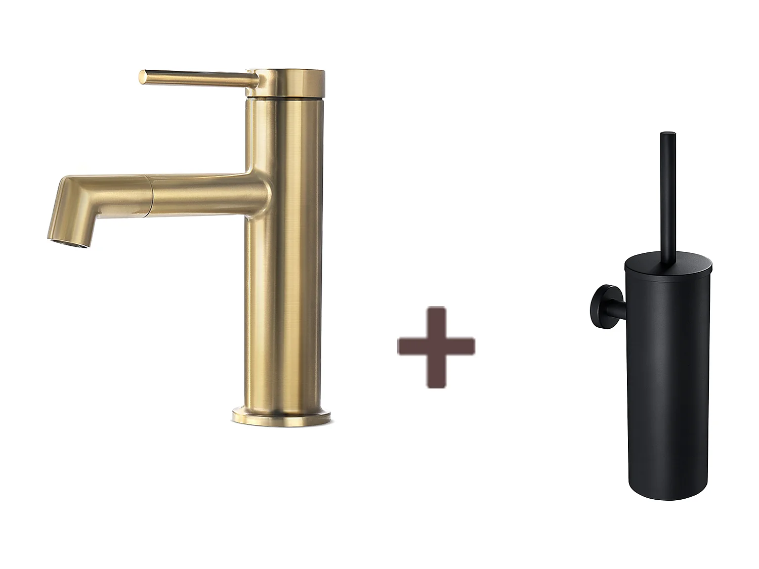 Mitigeur de Lavabo Doré Rotatif à 360°,Eau Chaude/Froide,Barboteur Démotable+Brosse Toilettes WC Suspendu avec Support de Brosse, Acier INOX,Noir