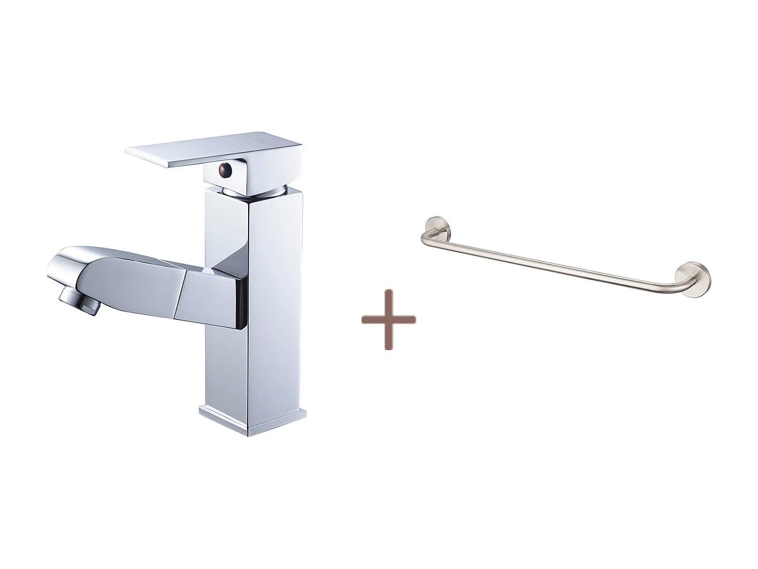 Wastafelkraan met uittrekbare douchekop, messing, verchroomd, koud waterEn Warm+60cm Handdoekhouder Badkamer Zelfklevend of Boren in RVS 304