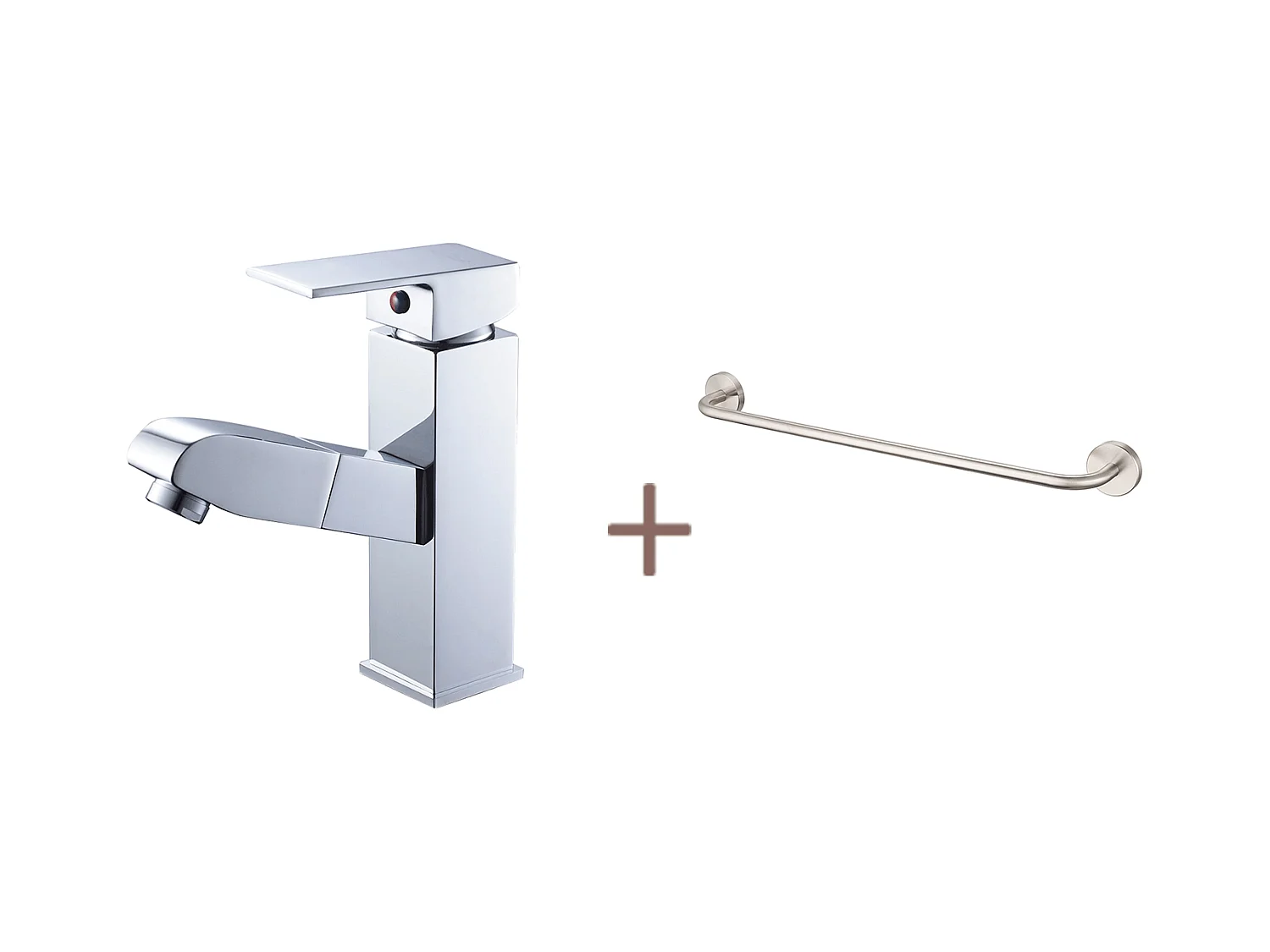 Robinet Lavabo avec Douchette Extractible,en Laiton,Chromé,Eau Froide et Chaude+60cm Porte-Serviettes Salle Bain Auto-adhésif ou Perçage en Inox 304