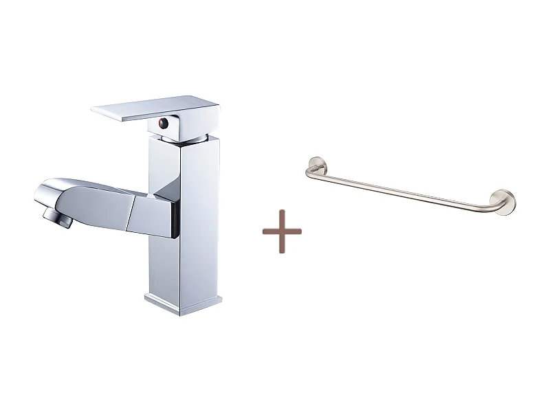 Wastafelkraan met uittrekbare douchekop, messing, verchroomd, koud waterEn Warm+60cm Handdoekhouder Badkamer Zelfklevend of Boren in RVS 304