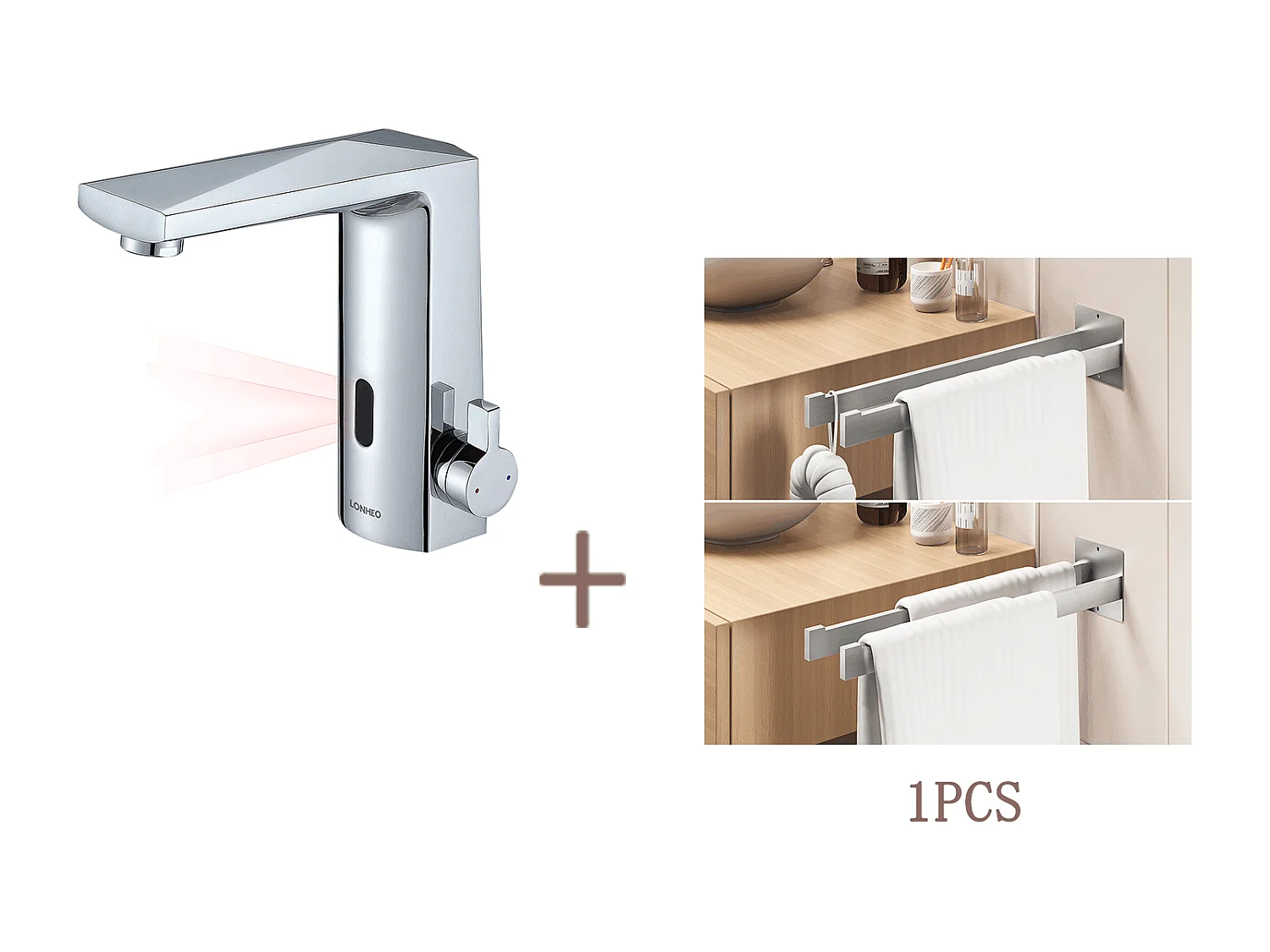 Lonheo max Miscelatore Lavabo Sensore Infrarossi Intelligente Automatico,Acqua Calda/Frente,Cremato+Porta Asciugamani Bagno Adesivo/Foratura,Spazzato