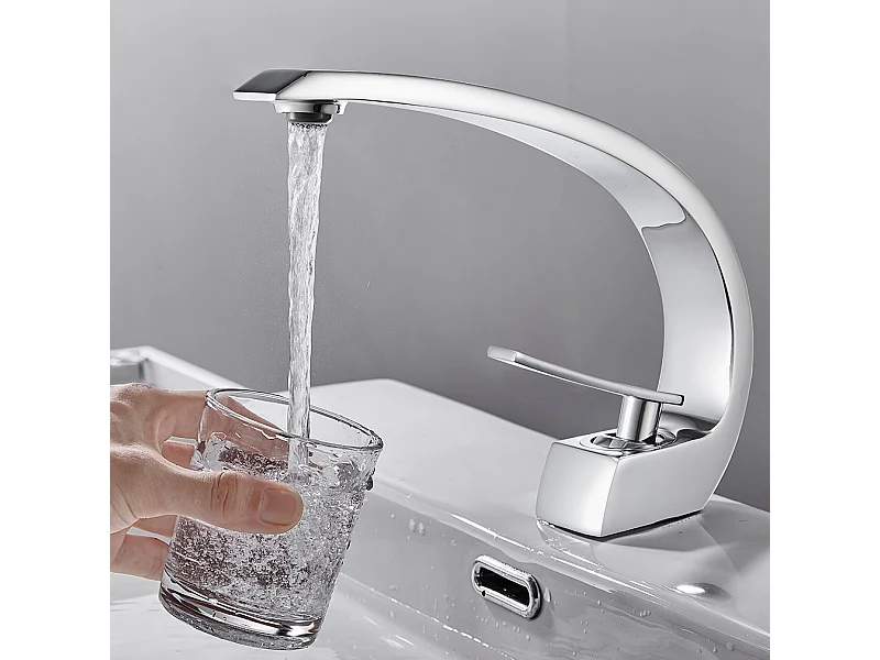 Arc Mitigeur Lavabo en Laiton Design Moderne Monotrou avec Mousseur Démontable Cartouche Céramique Robinet pour Lavabo Vasque Salle de Bain