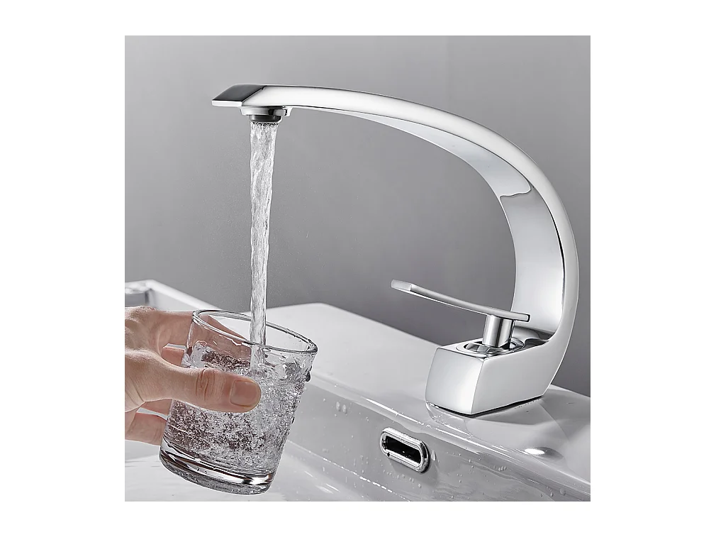 Arc Mitigeur Lavabo en Laiton Design Moderne Monotrou avec Mousseur Démontable Cartouche Céramique Robinet pour Lavabo Vasque Salle de Bain