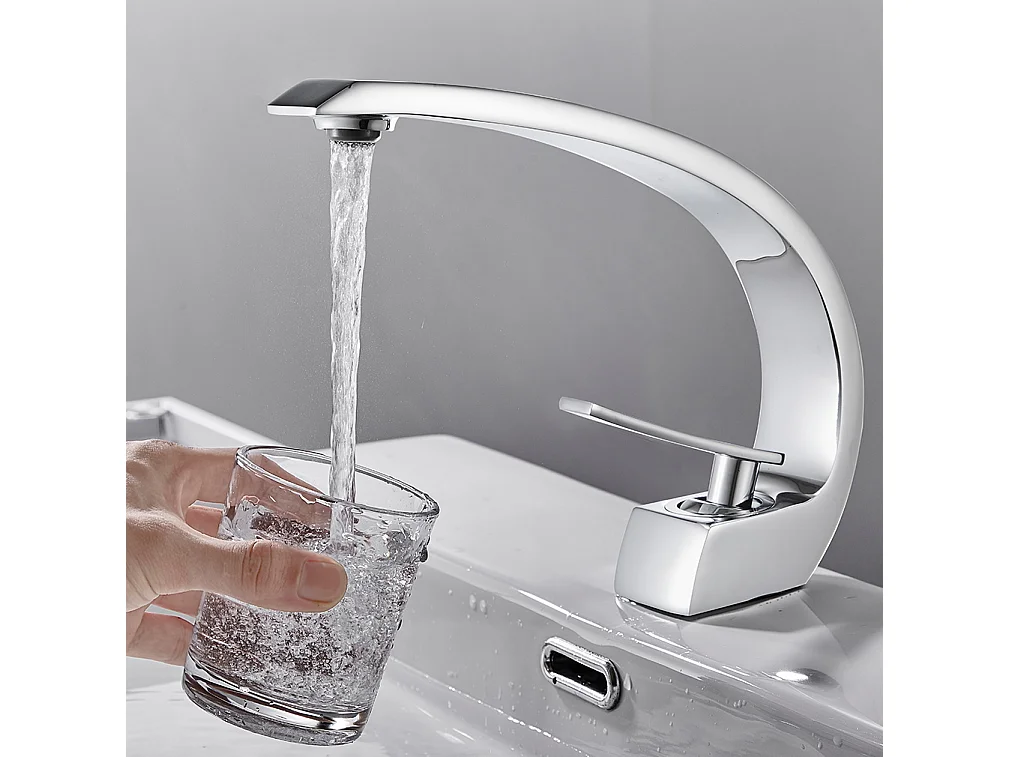 Arc Mitigeur Lavabo en Laiton Design Moderne Monotrou avec Mousseur Démontable Cartouche Céramique Robinet pour Lavabo Vasque Salle de Bain