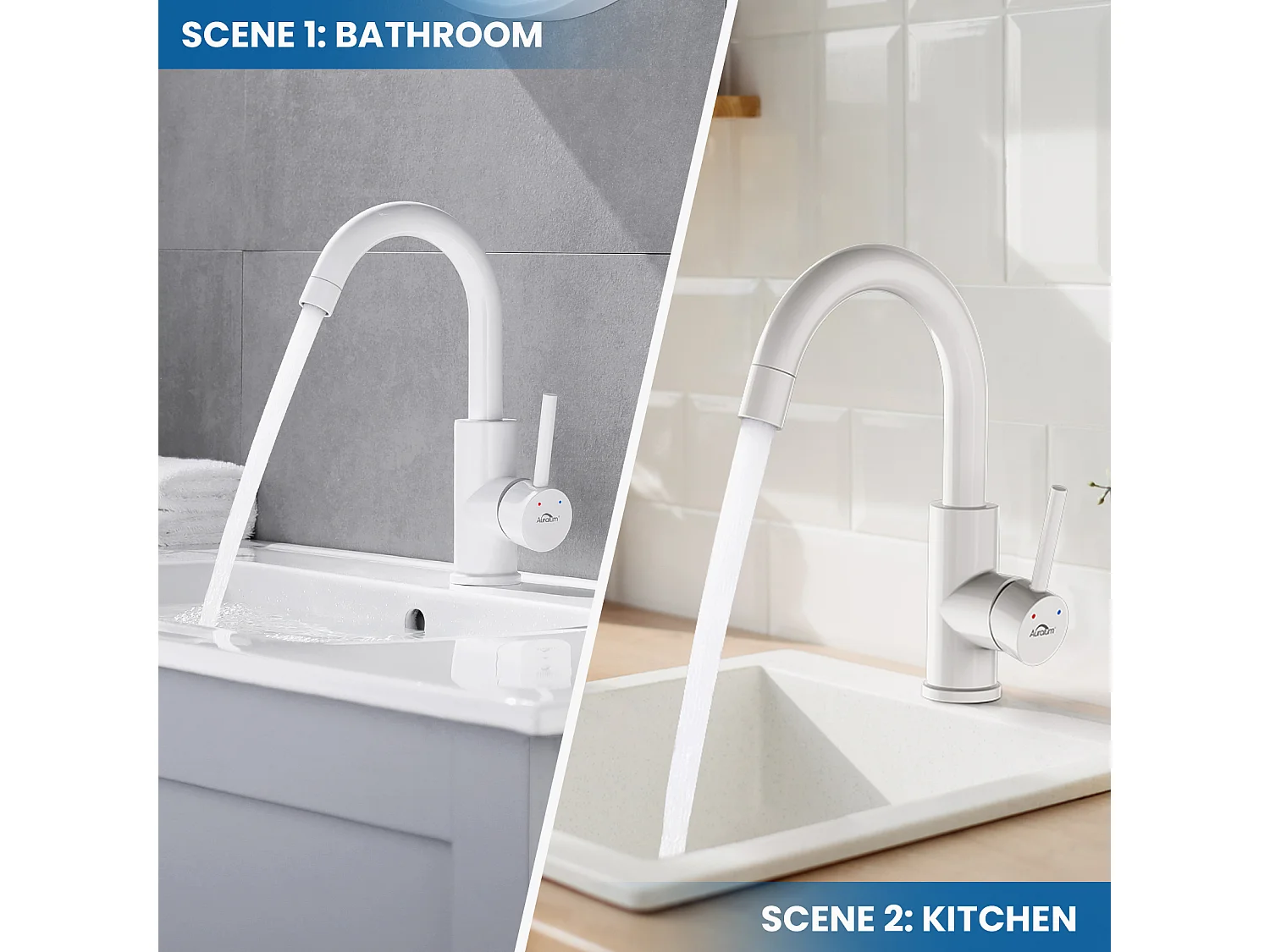 Auralum max Wastafelkraan Wit 360° Rotatie,Demonteerbare Romper,Koud/warm Water+Handdoekhouder Badkamer Zelfklevend/Boren,Geborsteld