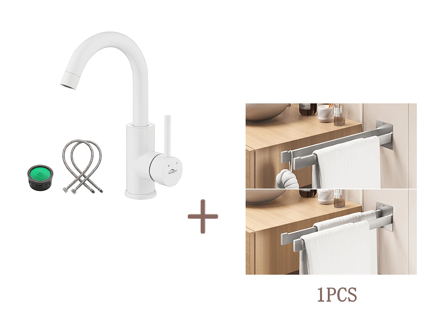 Auralum max Robinet Lavabo Blanc Rotation 360°,Barboteur démontable,Eau froide/chaude+Porte Serviette Salle Bain Adhésif/Perçage,Brossé