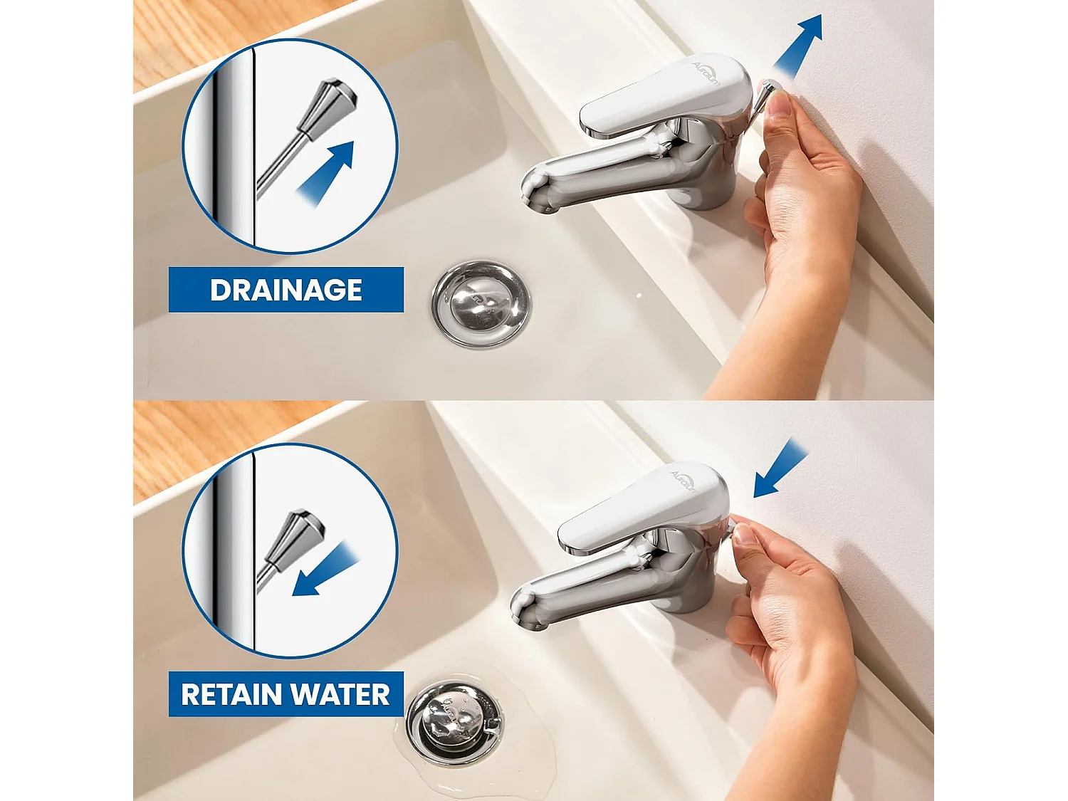 2pcs Auralum max Mitigeur Lavabo Monotrou avec Tirette de Vidage, Bonde Incluse,Robinet Salle  Bain Chromé Robinetterie en Laiton Mousseur Démontable