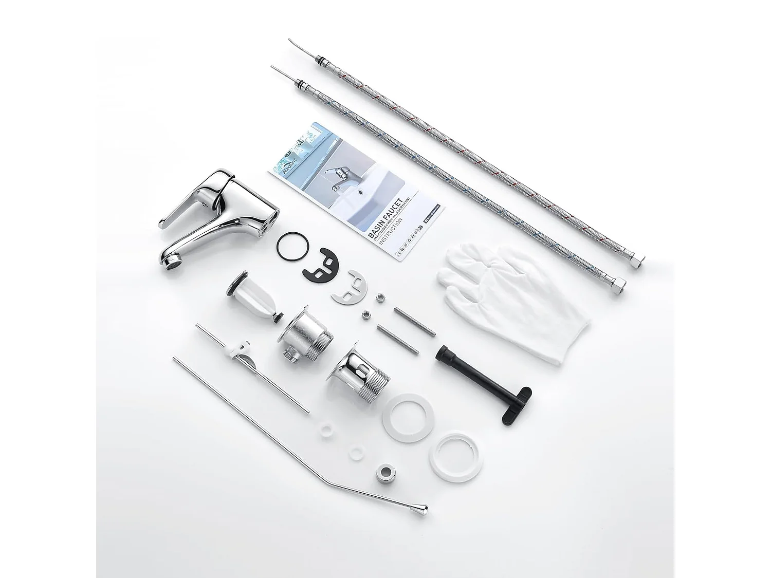 2pcs Auralum max Mitigeur Lavabo Monotrou avec Tirette de Vidage, Bonde Incluse,Robinet Salle  Bain Chromé Robinetterie en Laiton Mousseur Démontable