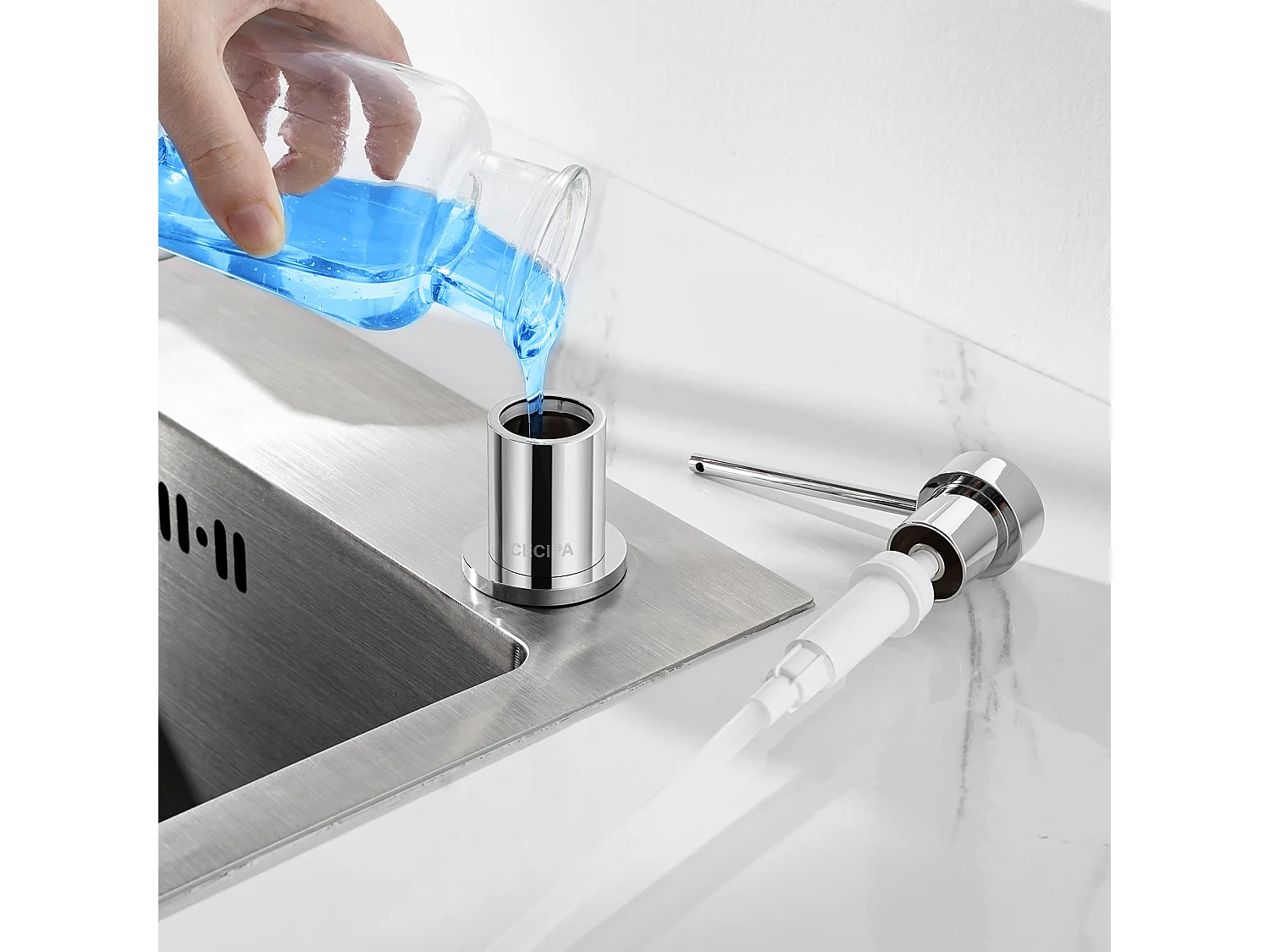 STKS Chrome Keuken Zeepdispenser, Gootsteen Zeepdispenser met 300 ML Container + 1.25 M Siliconen Verlengslang