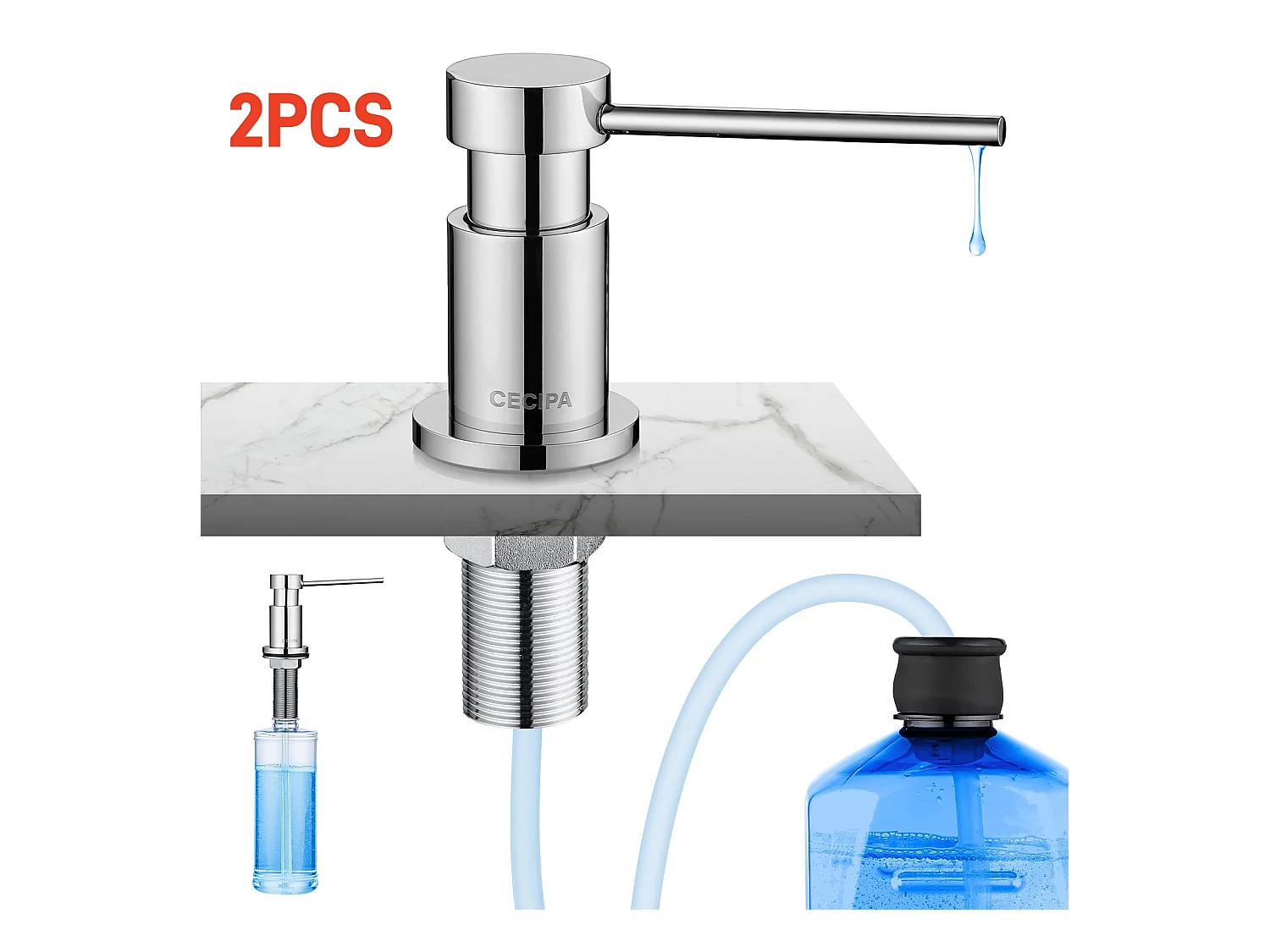 Lot de 2 Distributeur de Savon de Cuisine Chromé Distributeur de Savon pour Evier avec Récipient de 300ML + Tuyau d'extension en Silicone de 1,25M