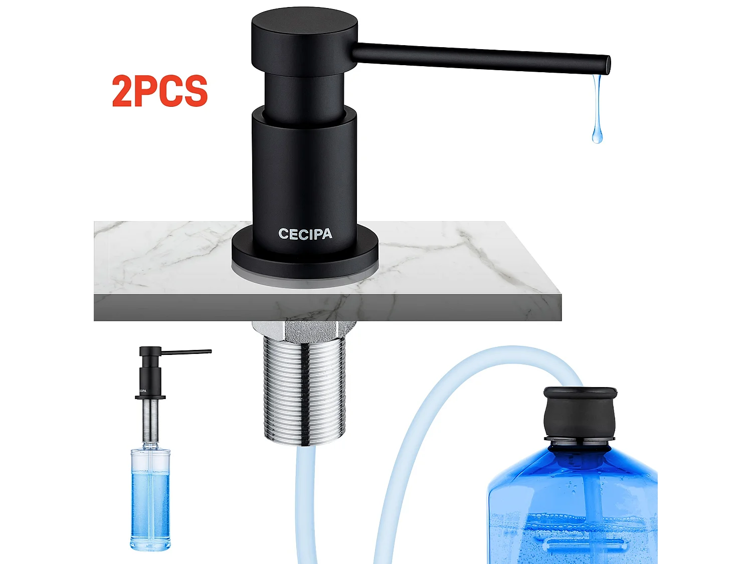 Dispensador de jabón de cocina de 2 piezas con contenedor de 300 ml + manguera de extensión de silicona de 1,25 m - Dispensador de jabón para fregadero negro