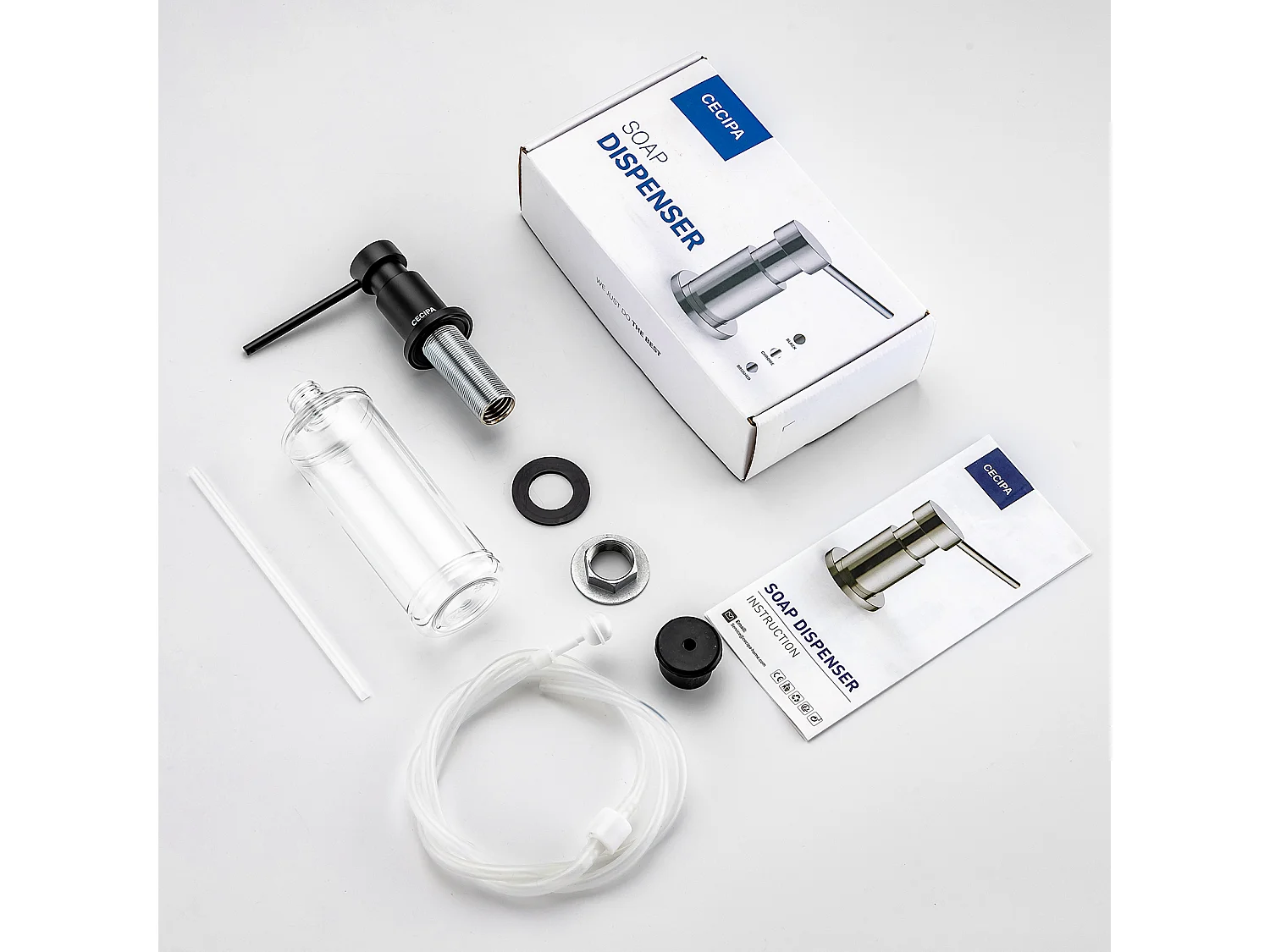 Dispensador de jabón de cocina de 2 piezas con contenedor de 300 ml + manguera de extensión de silicona de 1,25 m - Dispensador de jabón para fregadero negro