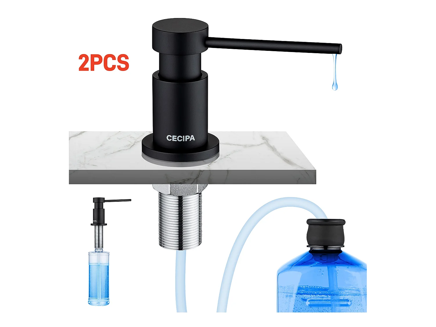 2PCS Distributeur de Savon de Cuisine avec Récipient de 300ML + Tuyau d'extension en Silicone de 1,25M - Distributeur de Savon pour Evier Noir