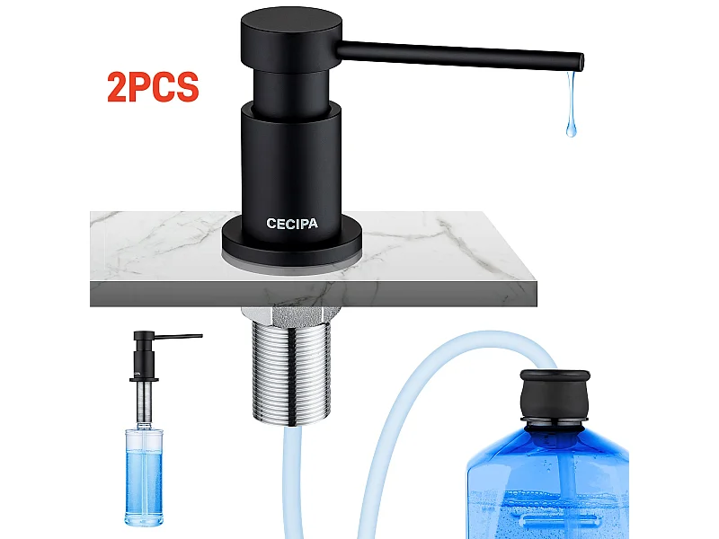2PCS Distributeur de Savon de Cuisine avec Récipient de 300ML + Tuyau d'extension en Silicone de 1,25M - Distributeur de Savon pour Evier Noir