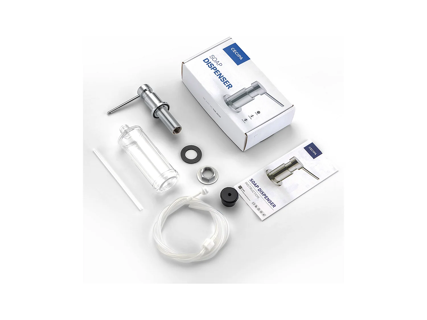Cecipa max Chrome Keukenzeepdispenser Gootsteenzeepdispenser met 300ML-container + siliconen verlengslang, EU-model