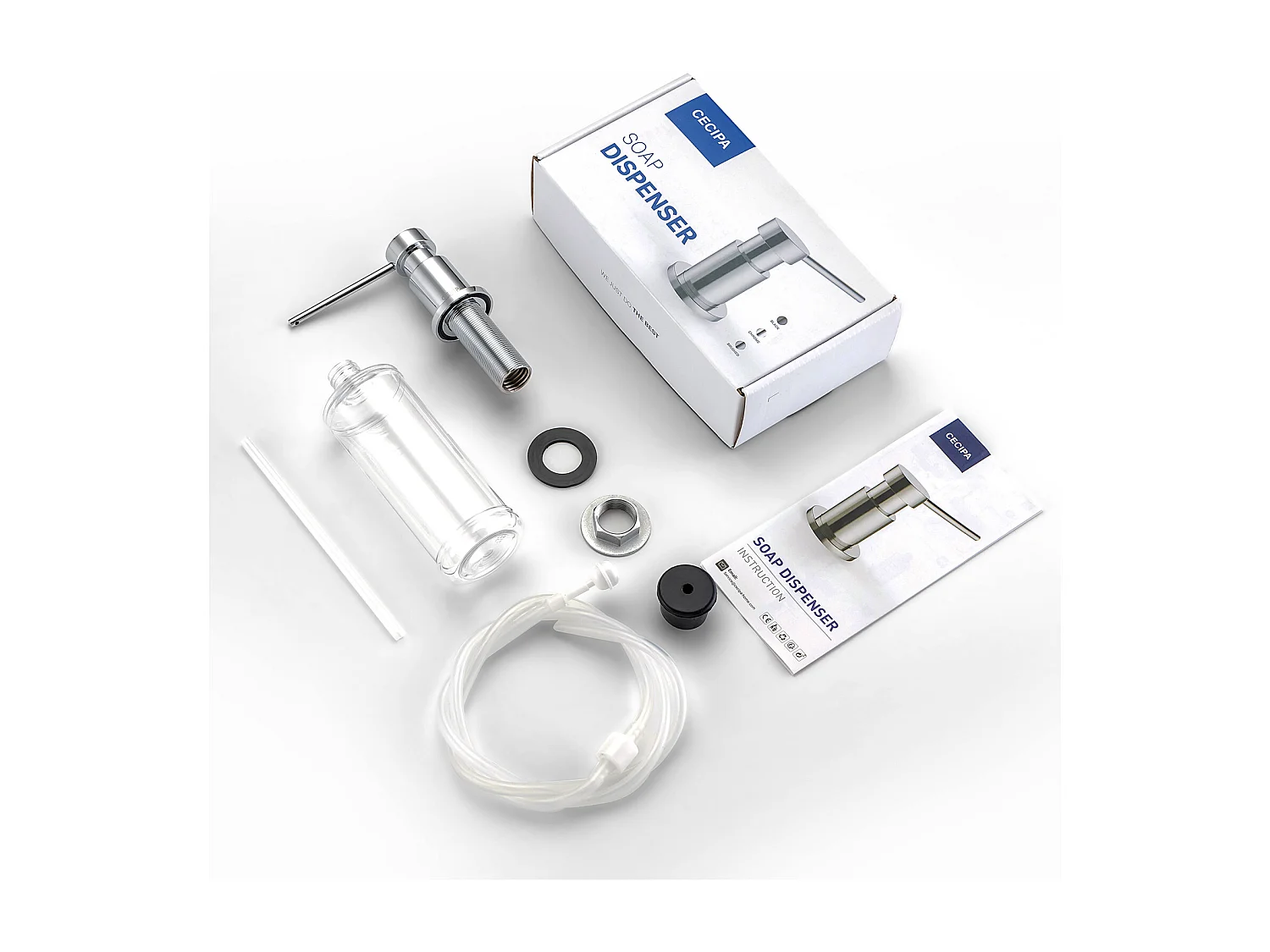 Dispensador de jabón de cocina Cecipa max cromado, dispensador de jabón con contenedor de 300ML + manguera de extensión de silicona de 1,25 M, modelo UE