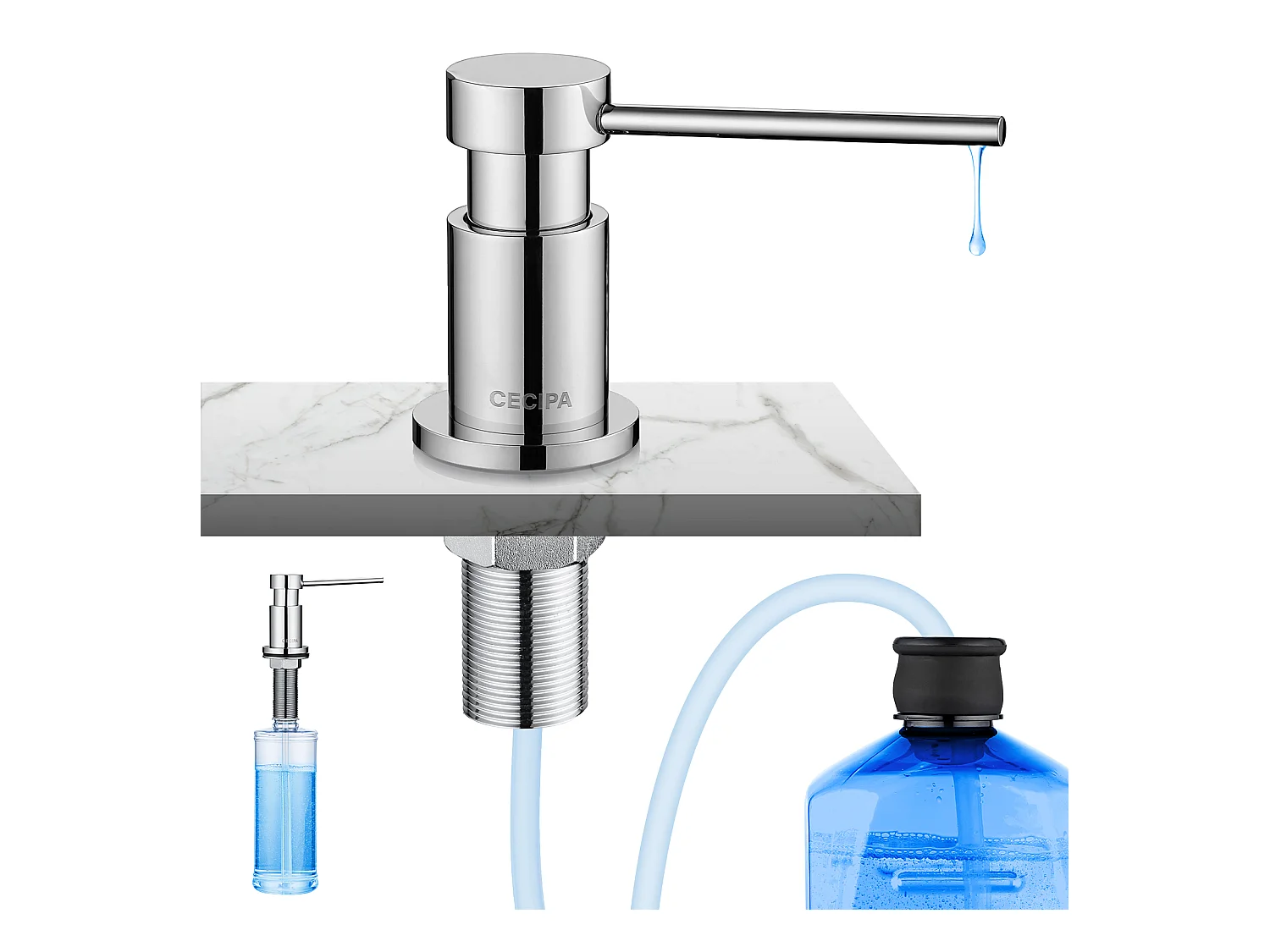 Cecipa max Distributeur de Savon de Cuisine chromé - Distributeur de Savon avec Récipient de 300ML + Tuyau d'extension en Silicone de 1,25M,EU Modèle