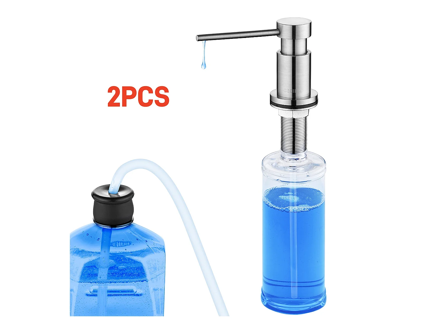 Lot de 2 Brossé Distributeur de Savon de Cuisine avec Récipient de 300ML + Tuyau d'extension en Silicone de 1,25M-Distributeur de Savon pour Evier