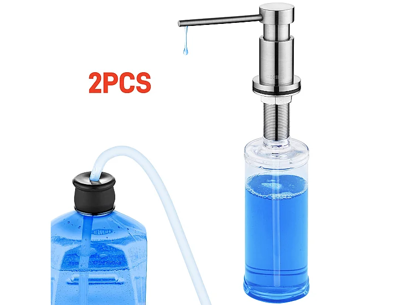 Juego de 2 dispensadores de jabón de cocina cepillados con recipiente de 300ML + manguera de extensión de silicona de 1,25M - Dispensador de jabón para fregadero