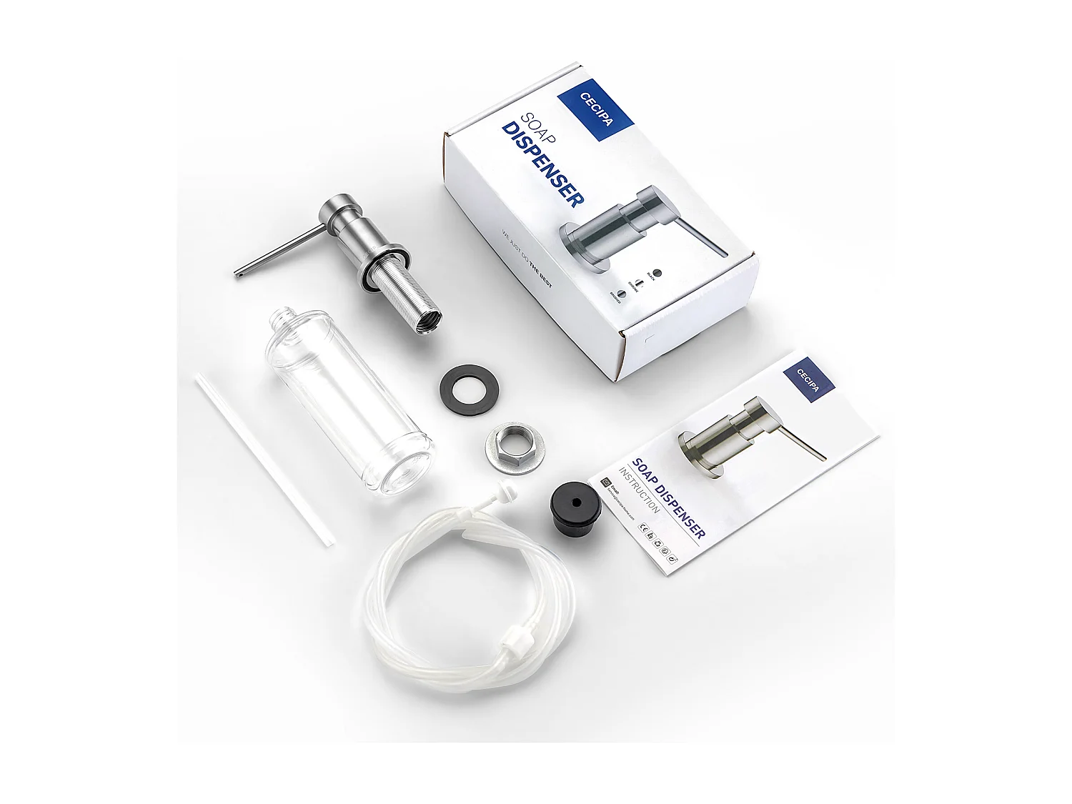 Cecipa max Geborstelde Keukenzeepdispenser Gootsteenzeepdispenser met container + siliconen verlengslang, EU-model