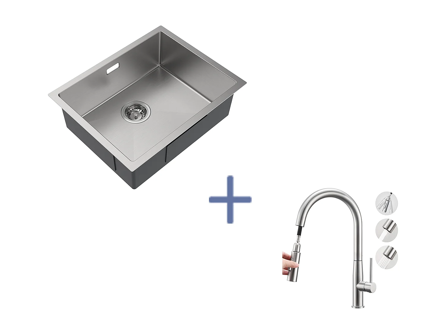 2en1 Évier Cuisine 1 Bac 55*44*19CM, à Encastrer/Fleur/ Sous-Plan+Mitigeur Cuisine,avec Douchette Extractible,2 Modes,Eau Froide/Chaude,Brossé