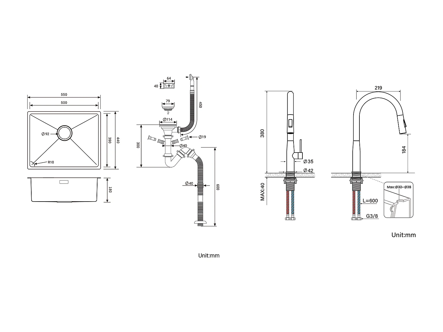 2en1 Évier Cuisine 1 Bac 55*44*19CM, à Encastrer/Fleur/ Sous-Plan+Mitigeur Cuisine,avec Douchette Extractible,2 Modes,Eau Froide/Chaude,Brossé