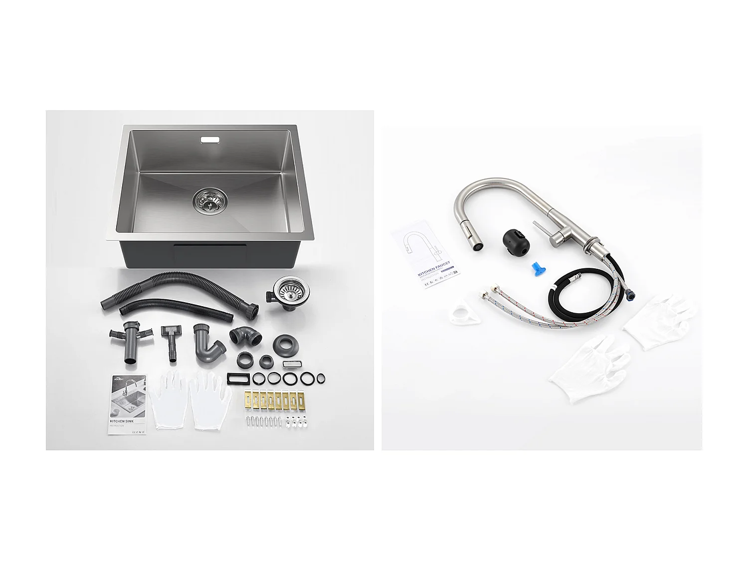 2en1 Évier Cuisine 1 Bac 55*44*19CM, à Encastrer/Fleur/ Sous-Plan+Mitigeur Cuisine,avec Douchette Extractible,2 Modes,Eau Froide/Chaude,Brossé