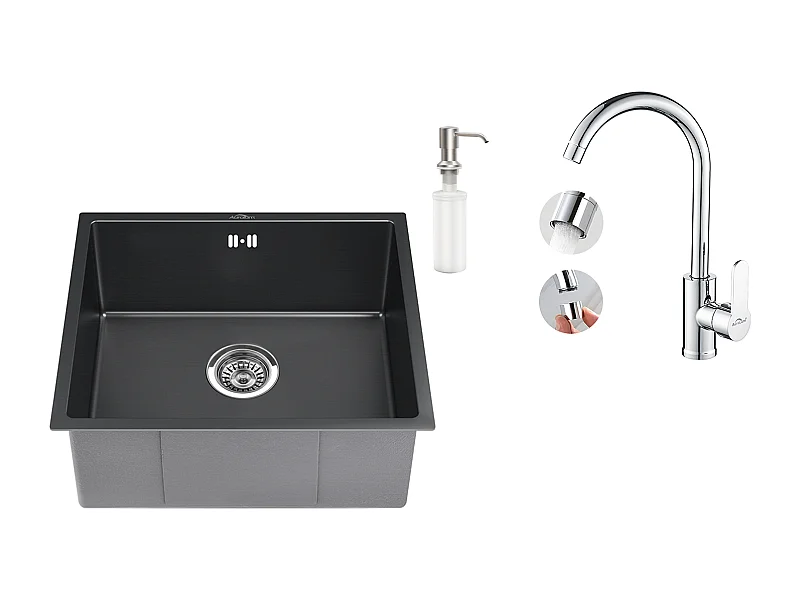 Fregadero Negro 1 Bandeja 50x43x18,5CM, Acero Inoxidable, con Distributor de Jabón+Grifo Cocina Giratorio 360° con Agua Caliente/Fría,Cromado