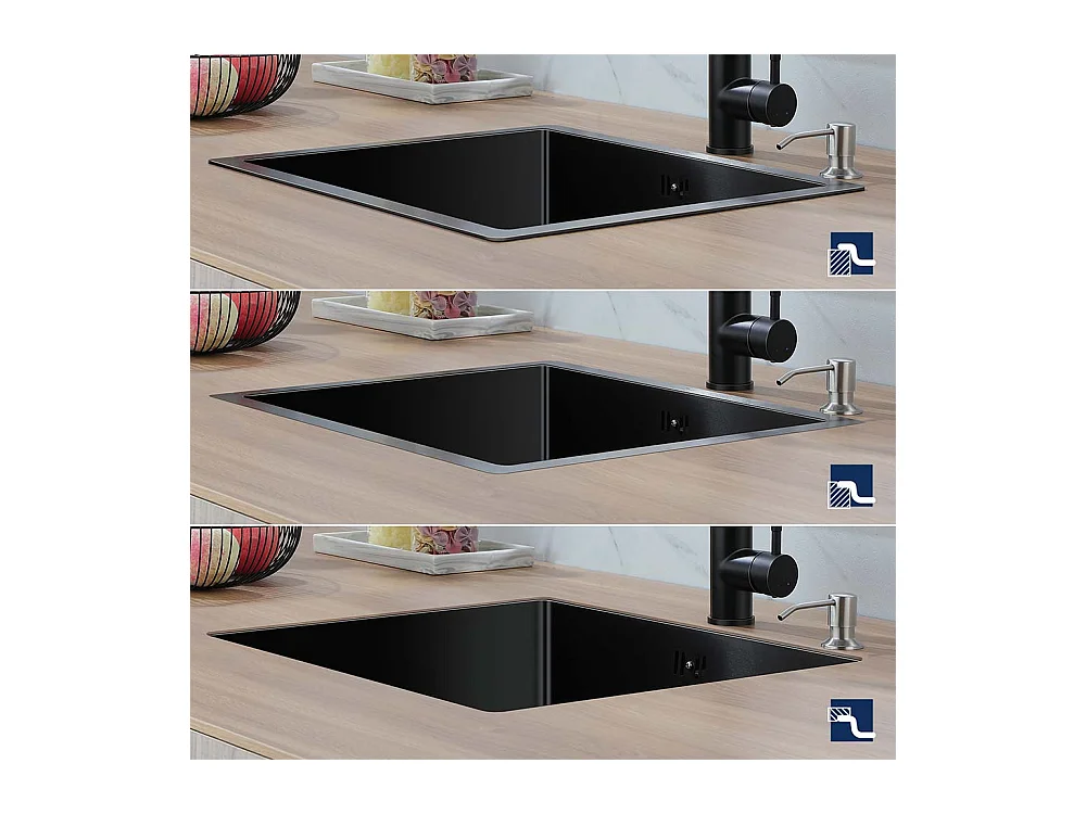 Zwarte gootsteen 1 bak 50x43x18,5CM, roestvrij staal, met zeepdissider + 360° draaibare keukenkraan met warm/koud water, verchroomd