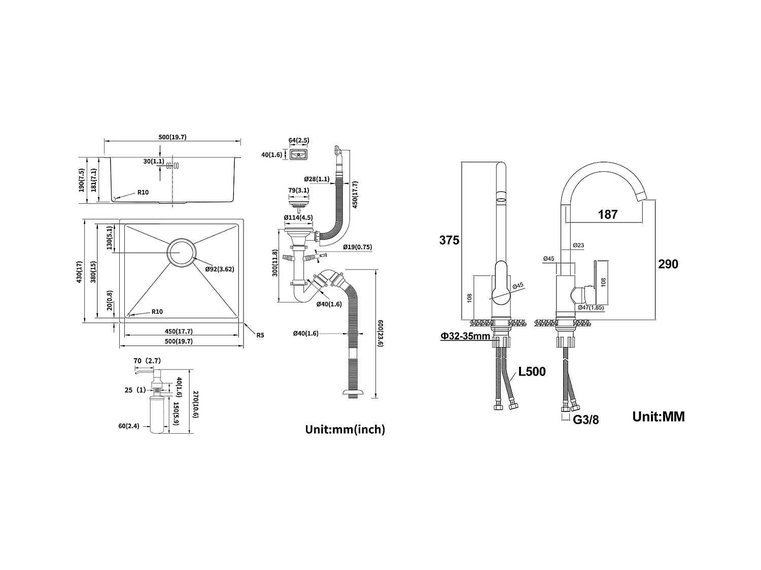 Zwarte gootsteen 1 bak 50x43x18,5CM, roestvrij staal, met zeepdissider + 360° draaibare keukenkraan met warm/koud water, verchroomd
