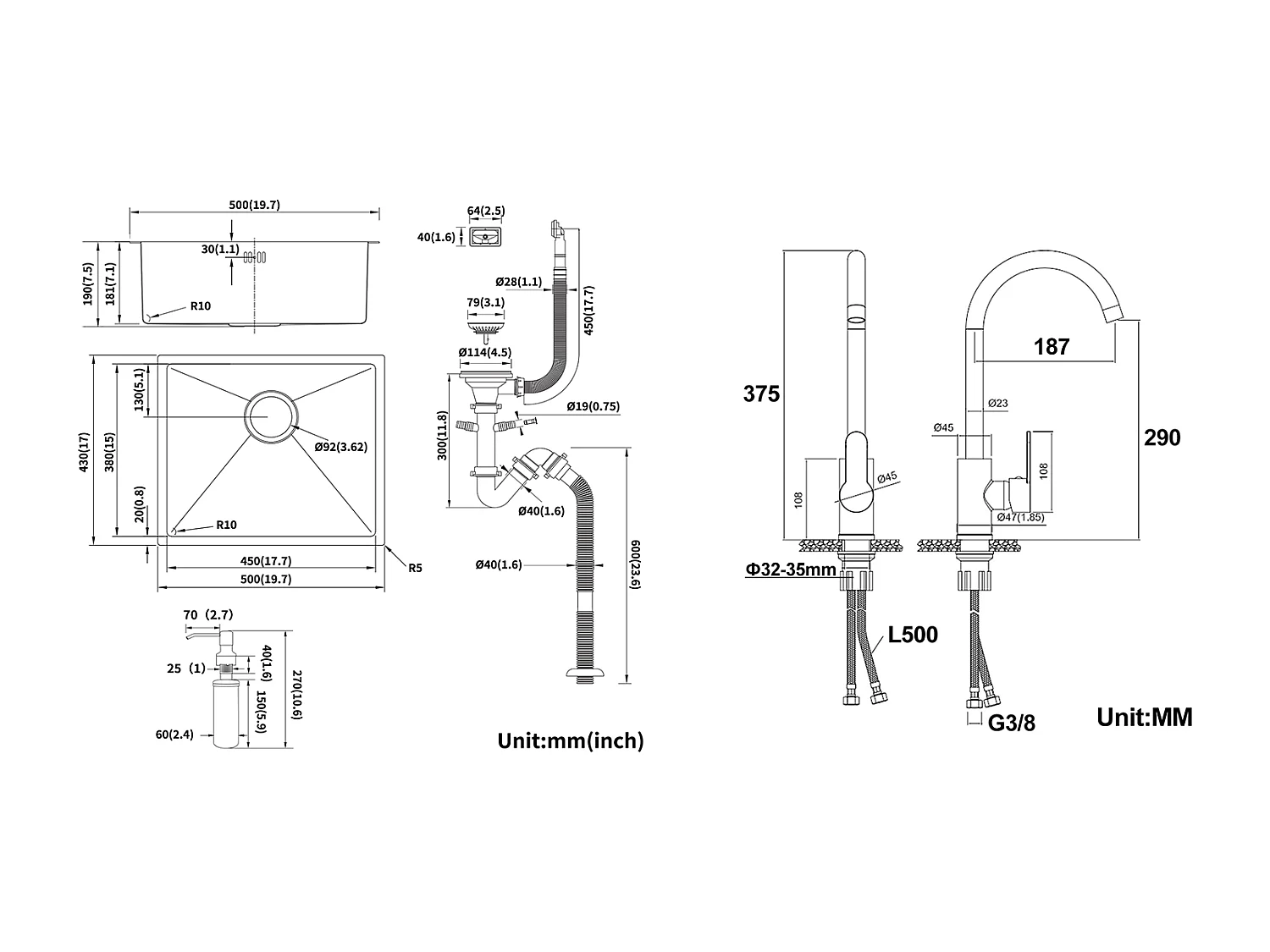 Schwarze Spüle 1 Becken 50x43x18,5CM, Edelstahl, mit Seifenspender + 360° schwenkbarer Küchenarmatur mit Warm-/Kaltwasser, Chrom